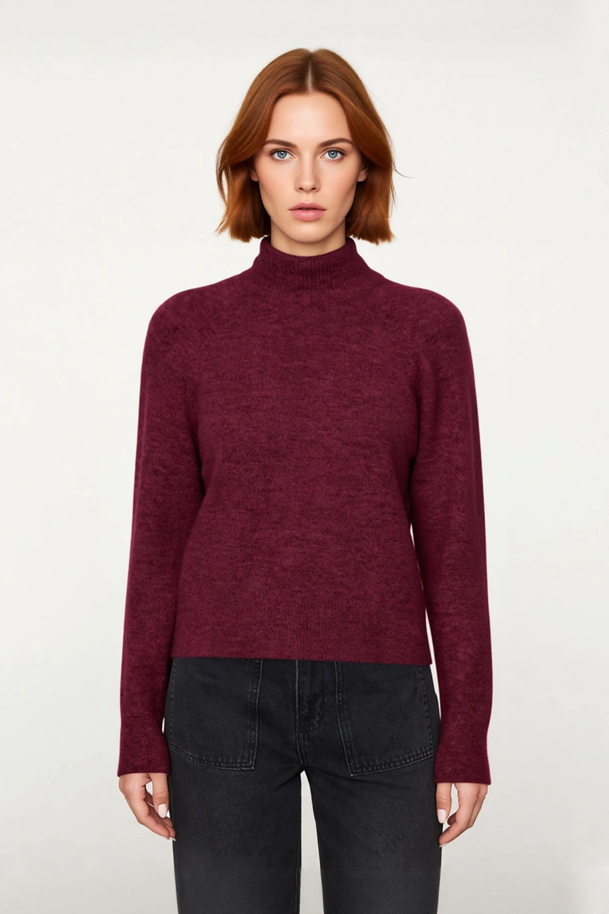 Kadın Oversize Dik Yaka Triko Kazak Reglan Kol Kışlık Günlük Şıklık Sunan Bordo Basic Tasarım