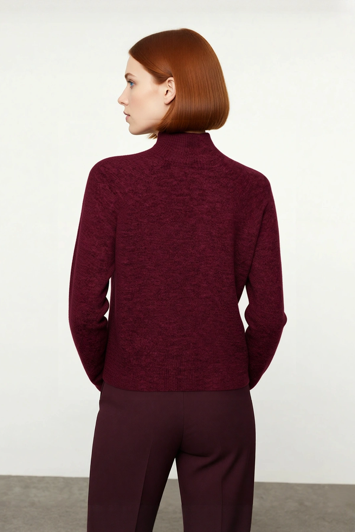 Kadın Oversize Dik Yaka Triko Kazak Reglan Kol Kışlık Günlük Şıklık Sunan Bordo Basic Tasarım
