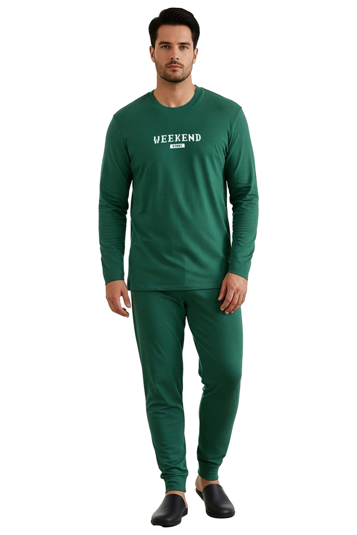 Erkek Bisiklet Yaka Slogan Baskılı Pijama Takımı Fonksiyonel Dayanıklı Kaliteli Konforlu Şık