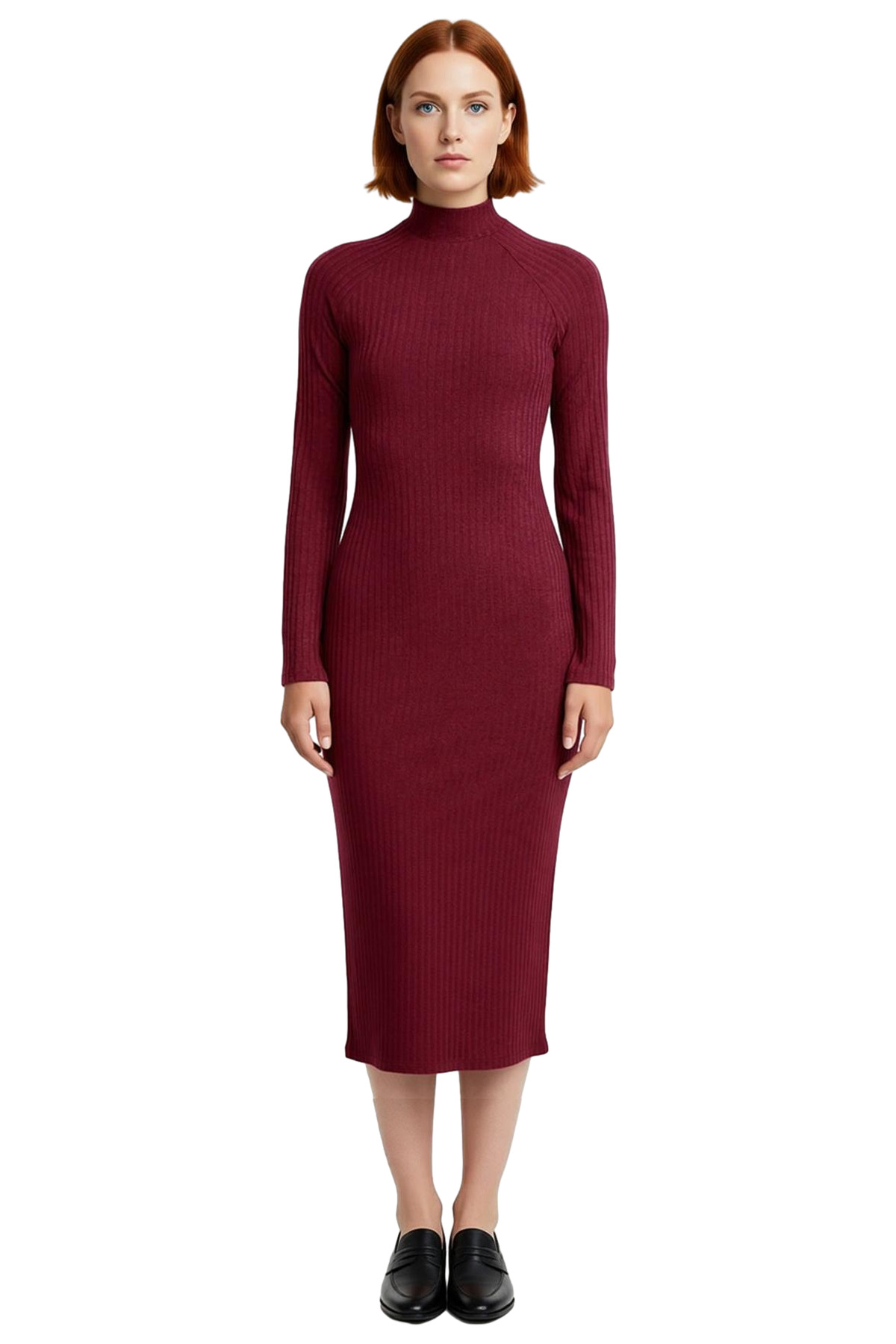 Kadın Midi Örme Elbise Bodycon Kalıbı Dik Yaka Uzun Standart Kol Yırtmaç Detaylı Düz Tasarım Kış