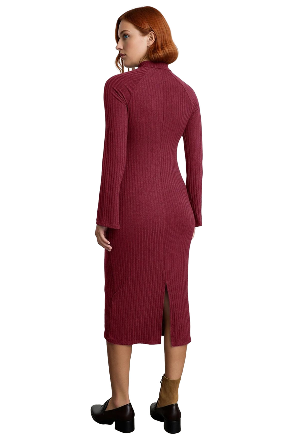 Kadın Midi Örme Elbise Bodycon Kalıbı Dik Yaka Uzun Standart Kol Yırtmaç Detaylı Düz Tasarım Kış