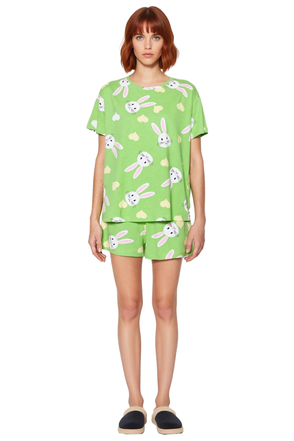Kadın Ayıcıklı Pamuklu Kısa Kollu Pijama Takımı Dayanıklı Malzeme Trend Tasarım