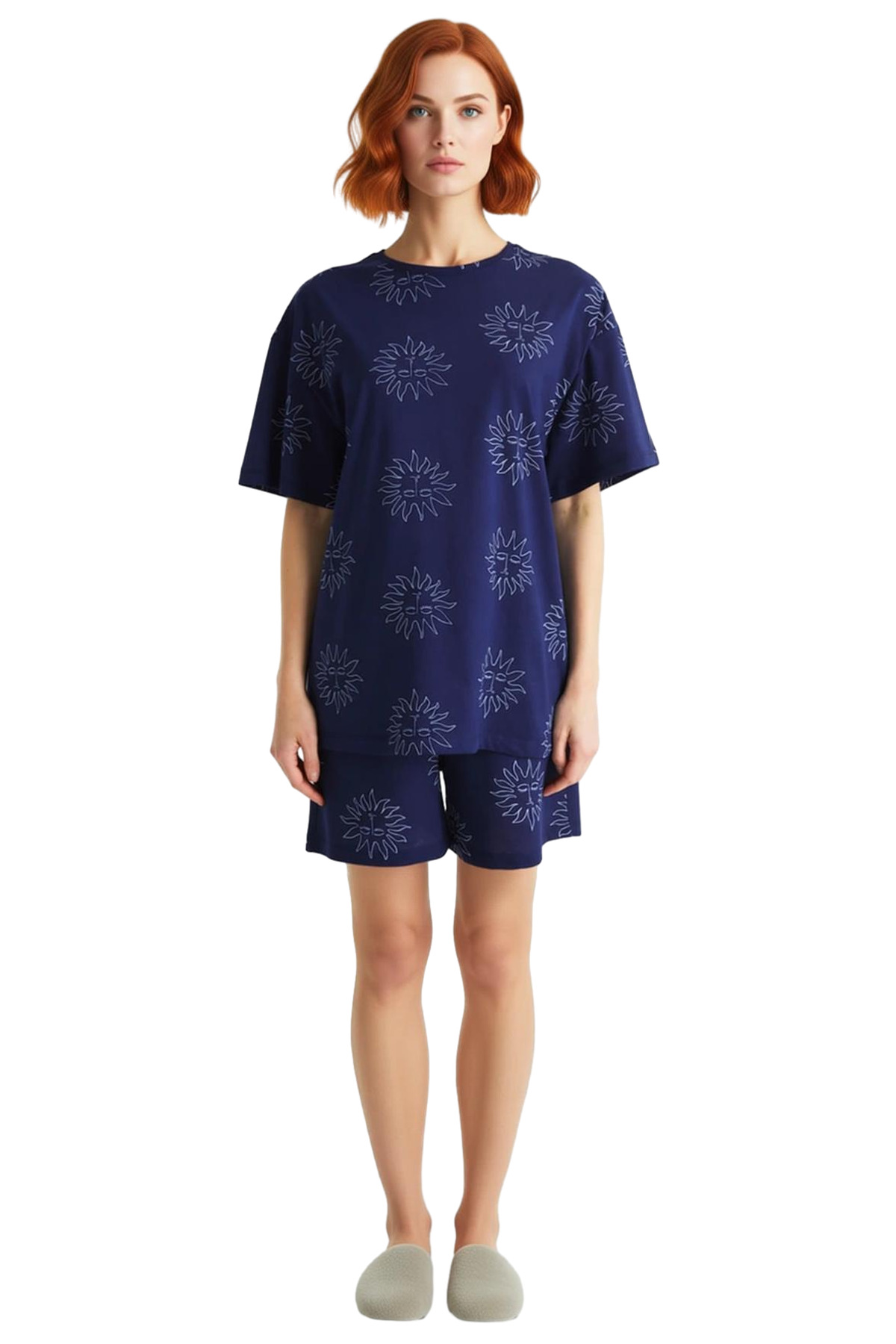Kadın Yazlık Güneş Desenli Pamuklu Pijama Takımı Rahat Kalıp Homewear Premium Kalite