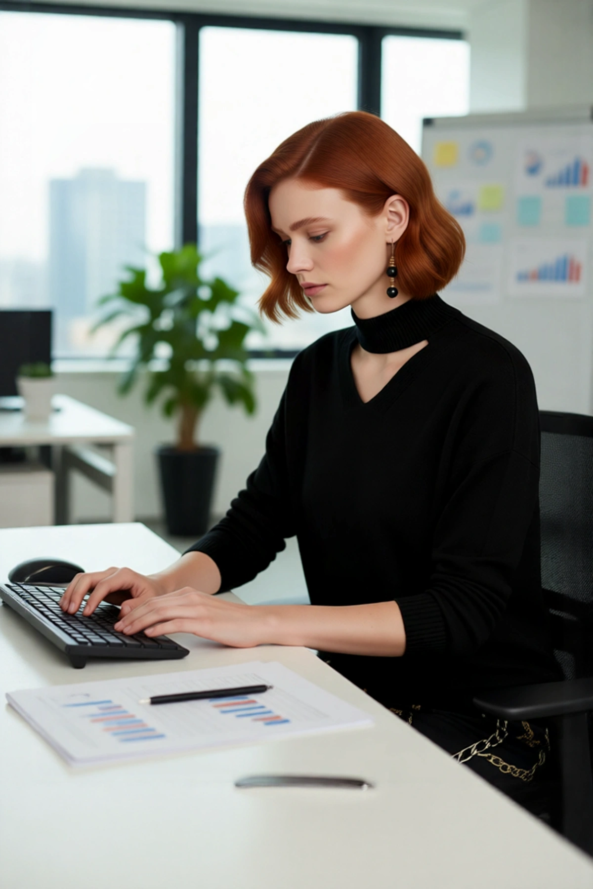 Kadın Siyah Regular Kalıp Choker Yaka Triko Kazak Modern Şıklığı Kışın Sıcak Tutuşla Birleştiriyor