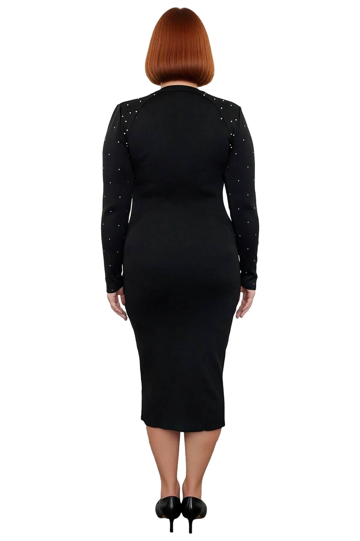 Kadın Siyah Bodycon Triko Midi Elbise Bisiklet Yaka Taş Detaylı Uzun Kol Kışlık Şık Seçim Kaliteli