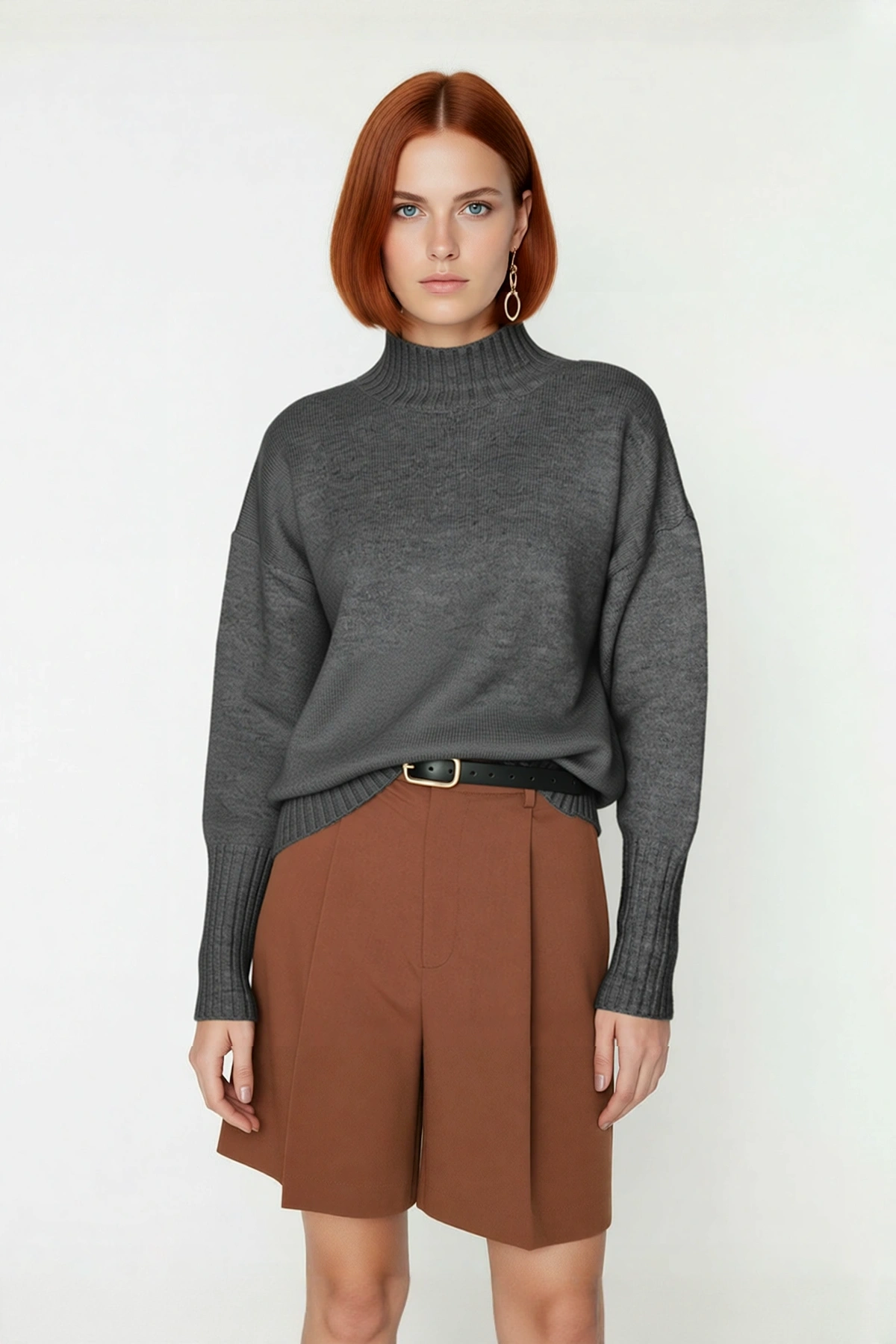 Kadın Oversize Kesim Dik Yaka Reglan Kol Düz Gri Triko Kazak Kışlık Günlük Giyim İçin İdeal Seçim