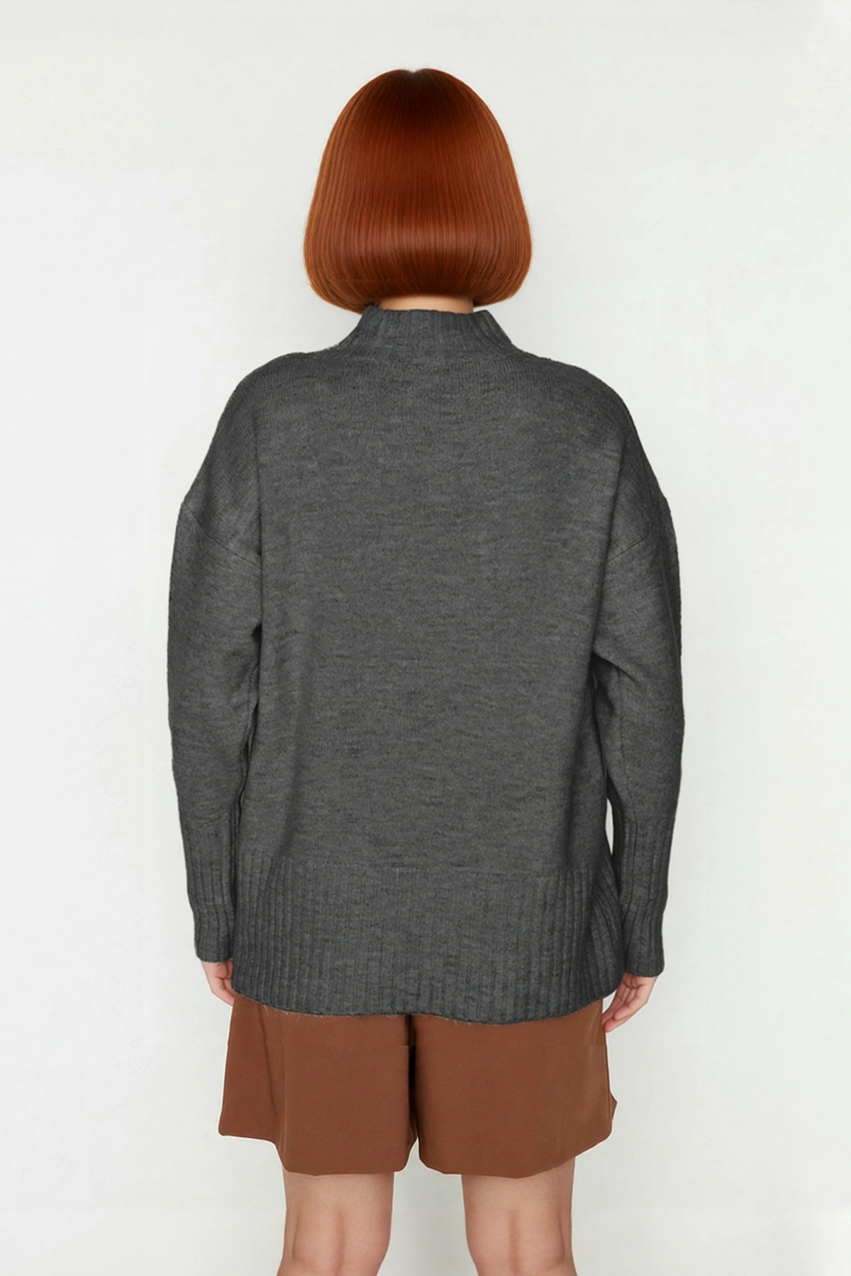 Kadın Oversize Kesim Dik Yaka Reglan Kol Düz Gri Triko Kazak Kışlık Günlük Giyim İçin İdeal Seçim