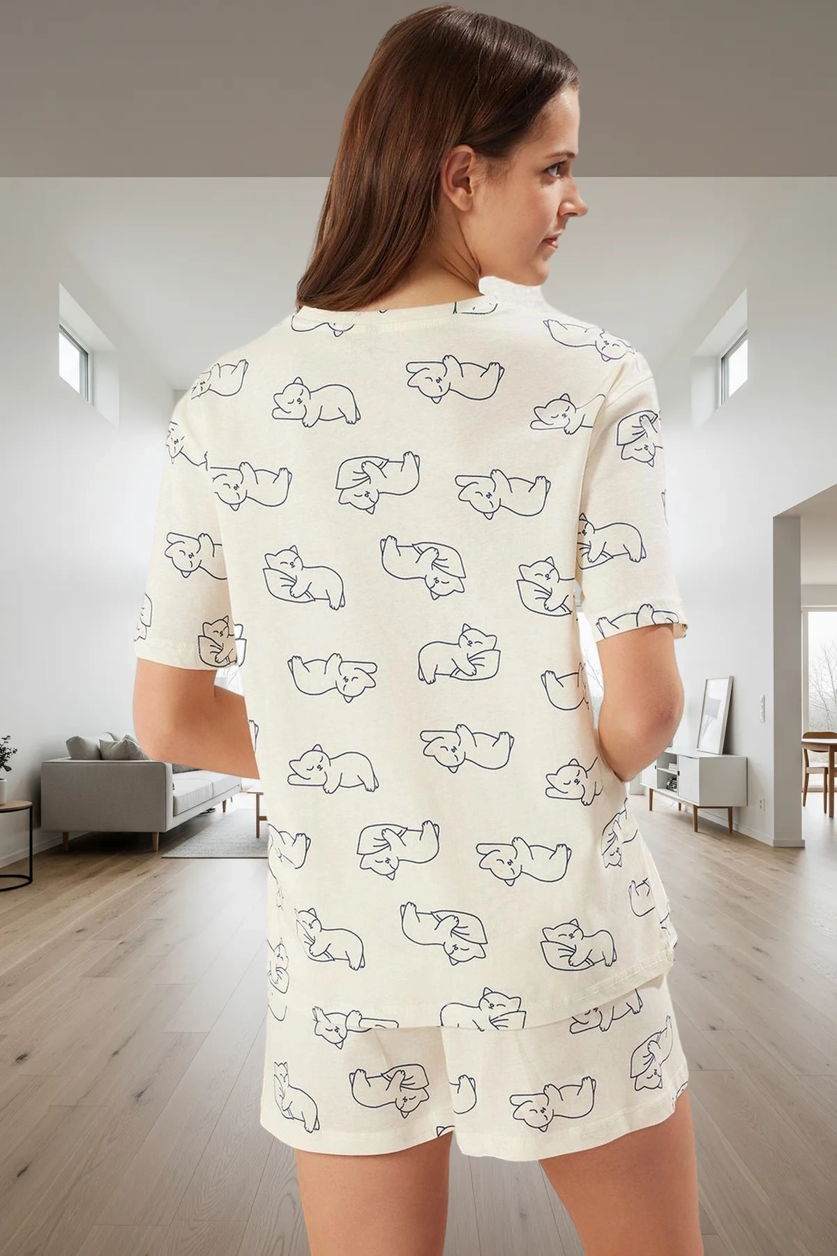 Kadın Kedili Pamuklu Kısa Kollu Pijama Takımı Profesyonel Görünüm Özenle Seçilmiş Modern Stil
