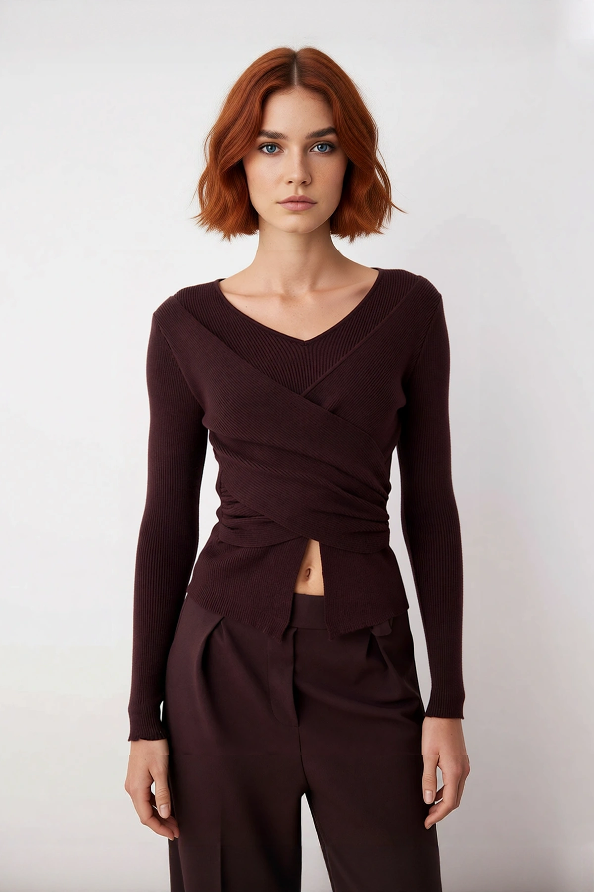 Kadın Fitted V Yaka Drape Detaylı Triko Kazak İlkbahar Sonbahar Günlük Şıklık İçin İdeal Seçim