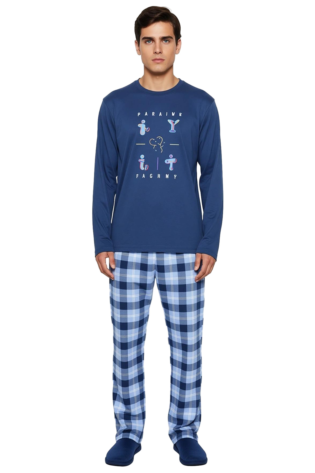 Erkek Ekose Pamuk Pijama Takımı Bisiklet Yaka Uzun Kollu Fonksiyonel Dayanıklı Kaliteli Şık