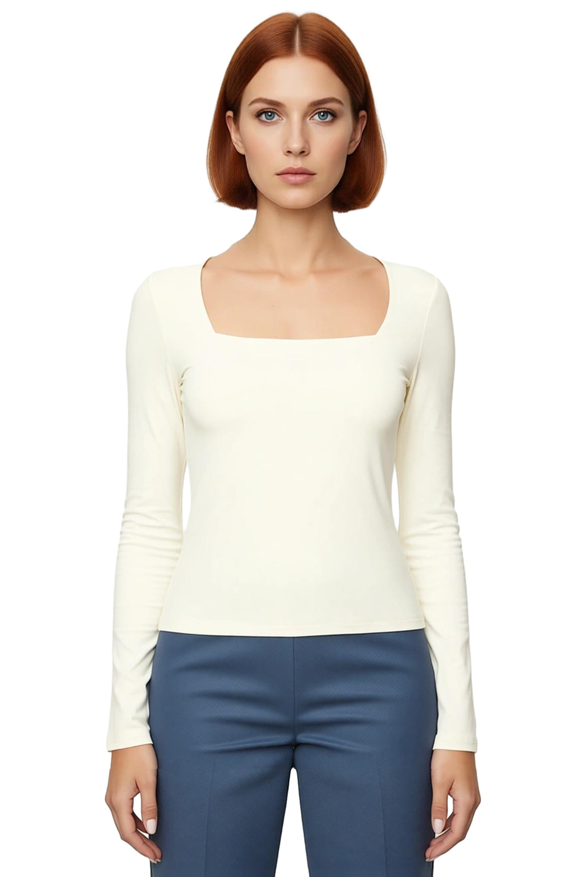 Kadın Gri Kare Yaka Fitted Uzun Kollu Pamuklu Bluz Günlük Kullanım İçin Cool & Comfort Özellikli