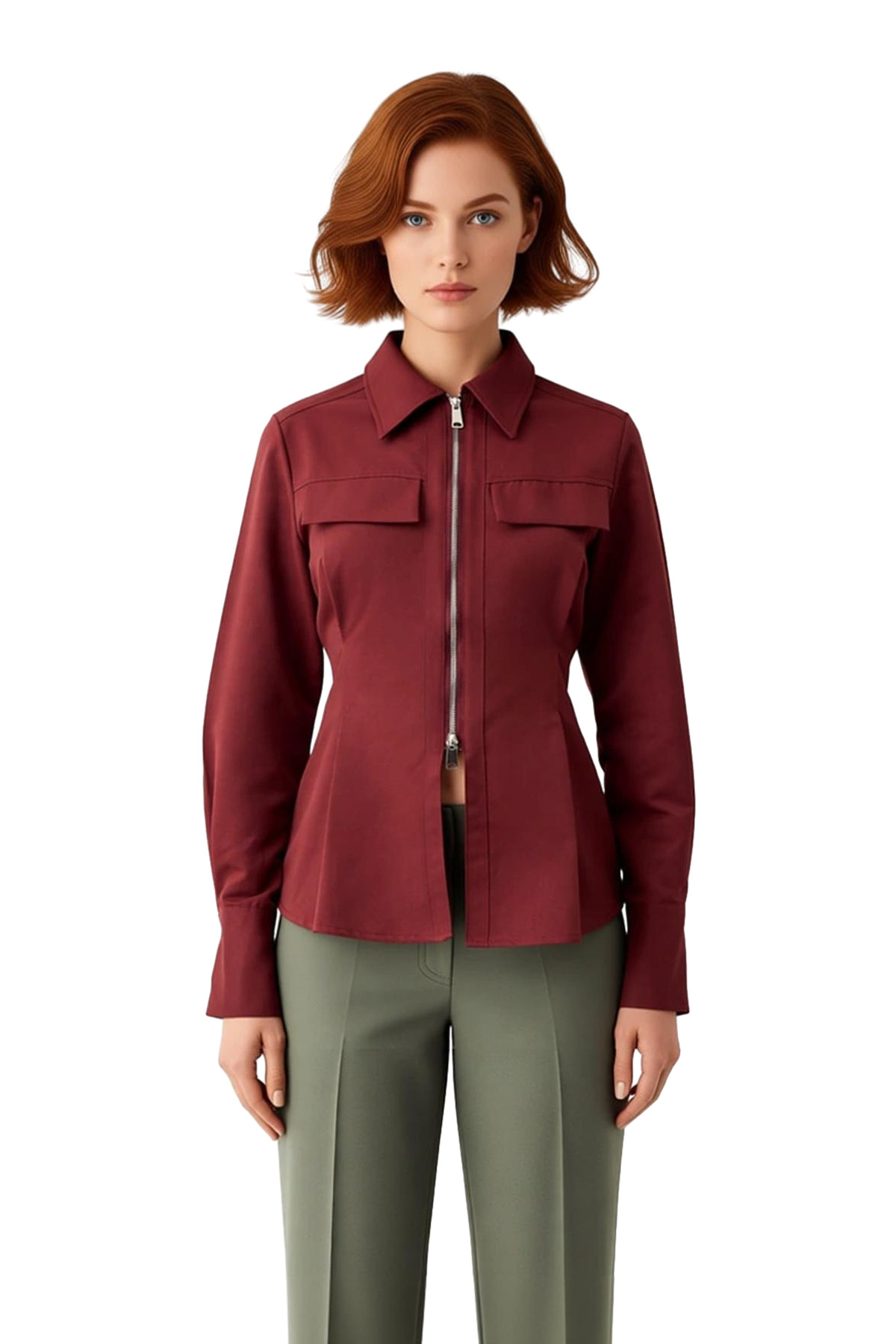 Gabardin Dokuma Fermuar Detaylı Kadın Gömleği Uzun Kollu Regular Kesim Şıklık Ve Konfor Şık