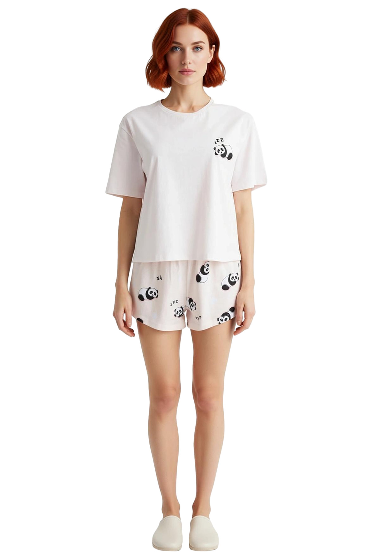 Kadın Pamuklu Panda Desenli Kısa Kollu Pijama Takımı Rahat Ev Giyim Seti Yazlık