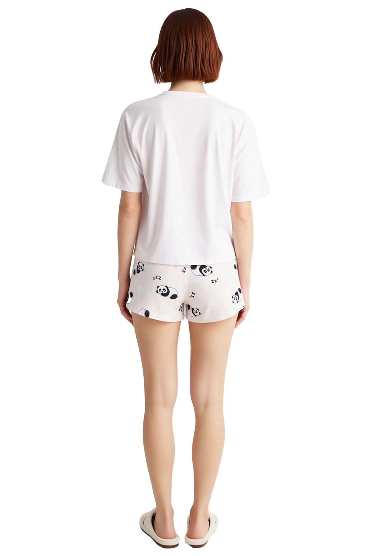 Kadın Pamuklu Panda Desenli Kısa Kollu Pijama Takımı Rahat Ev Giyim Seti Yazlık