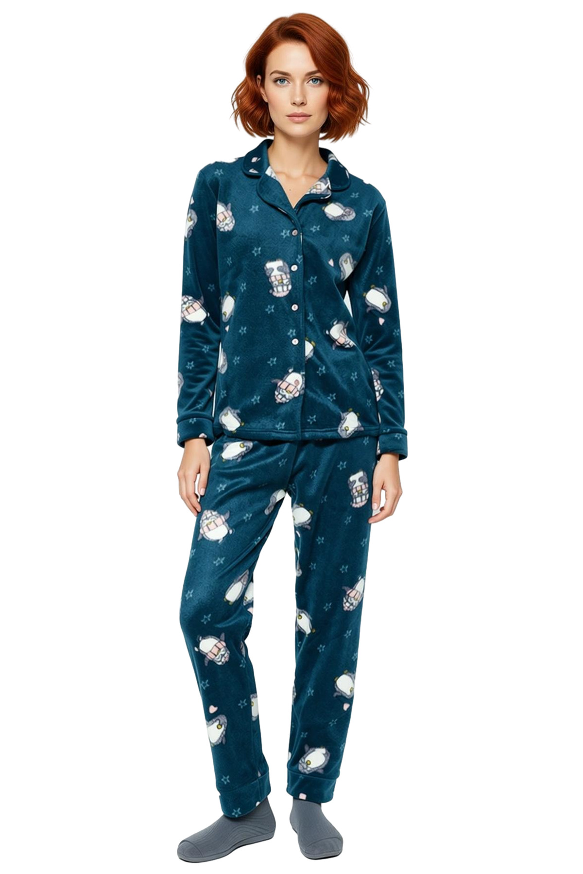 Kadın Kışlık Polar Penguen Desenli Pijama Takımı Rahat Uyku İçin Konforlu Kesim Modern Stil