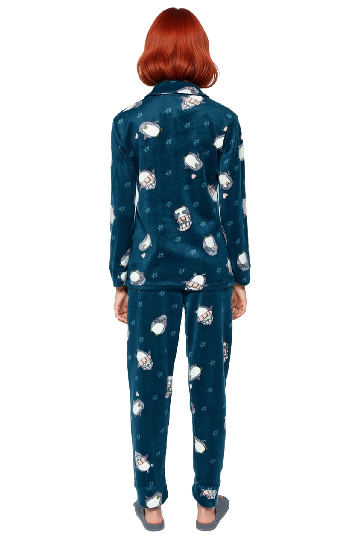 Kadın Kışlık Polar Penguen Desenli Pijama Takımı Rahat Uyku İçin Konforlu Kesim Modern Stil