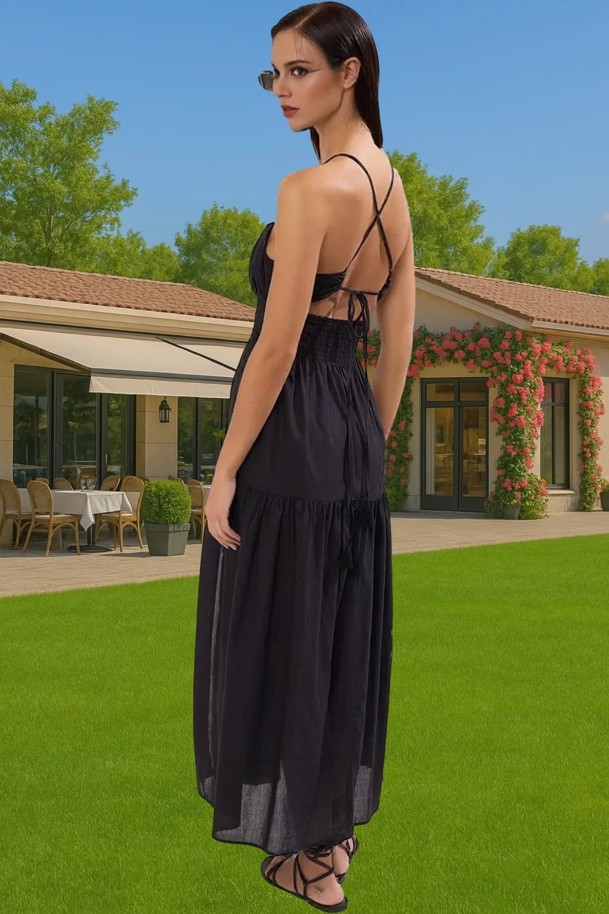 Kadın Oversize Maxi Pamuklu Plaj Elbisesi Sırt Dekolteli Vual Dokuma Yazlık Günlük Kullanım