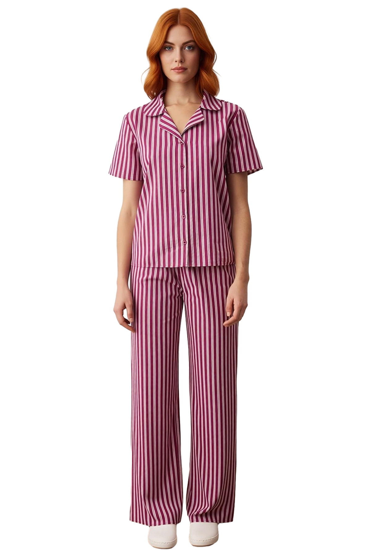 Kadın Çizgili Poplin Pijama Takımı Gömlek Pantolon Fonksiyonel Dayanıklı Kaliteli Konforlu