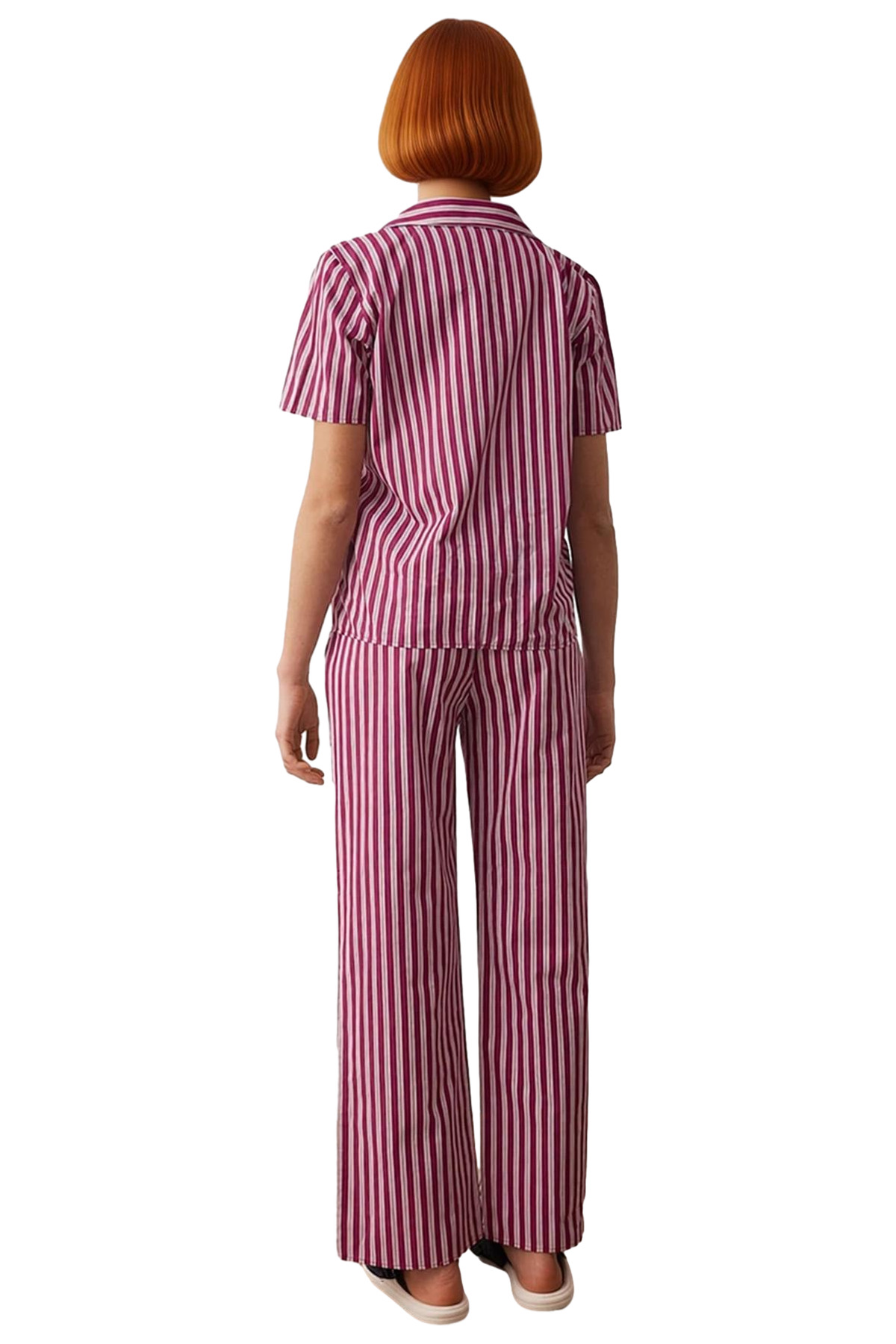 Kadın Çizgili Poplin Pijama Takımı Gömlek Pantolon Fonksiyonel Dayanıklı Kaliteli Konforlu