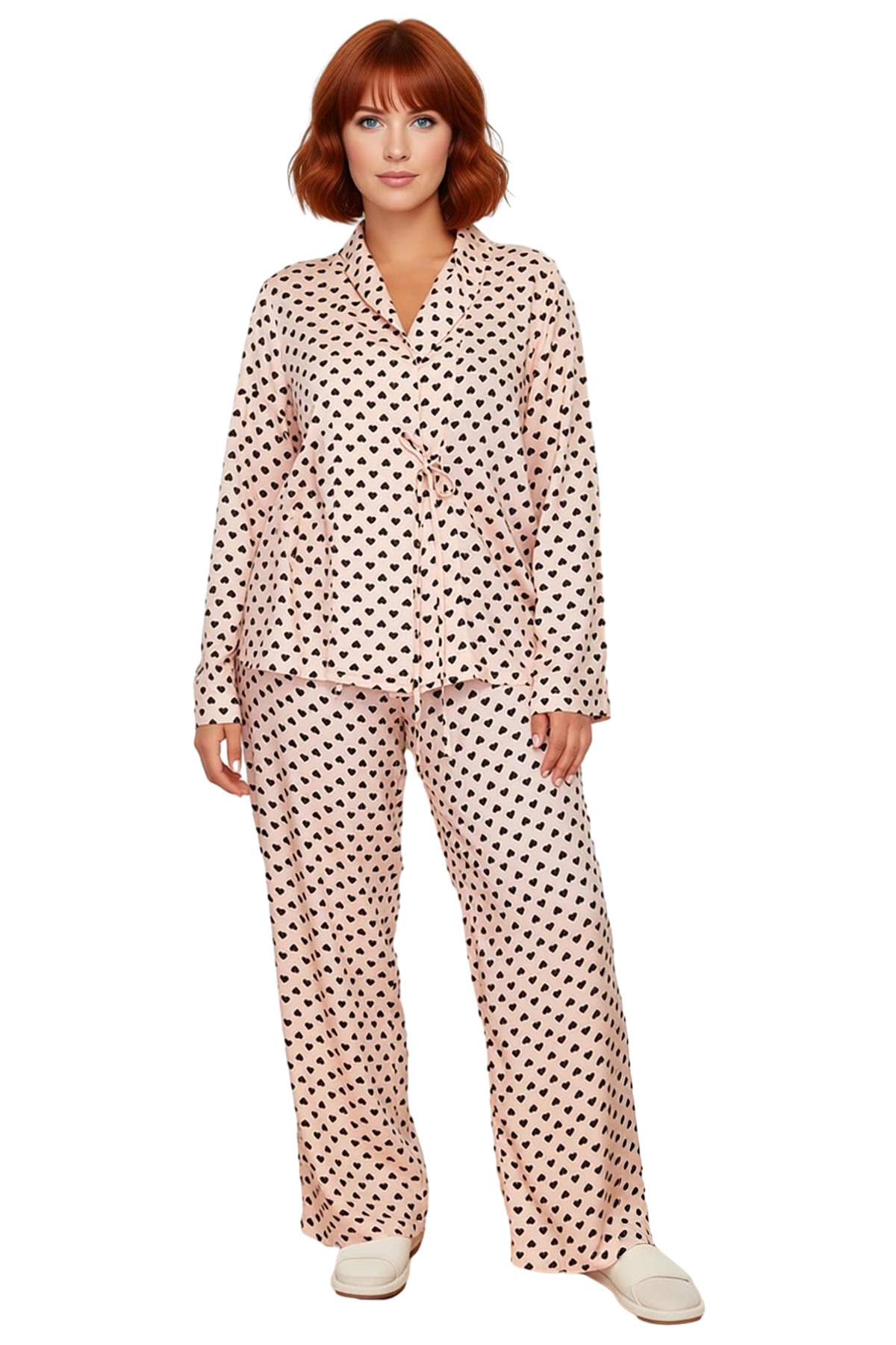 Kadın Kalp Desenli V Yaka Uzun Kollu Pijama Takımı Fonksiyonel Dayanıklı Kaliteli Konforlu