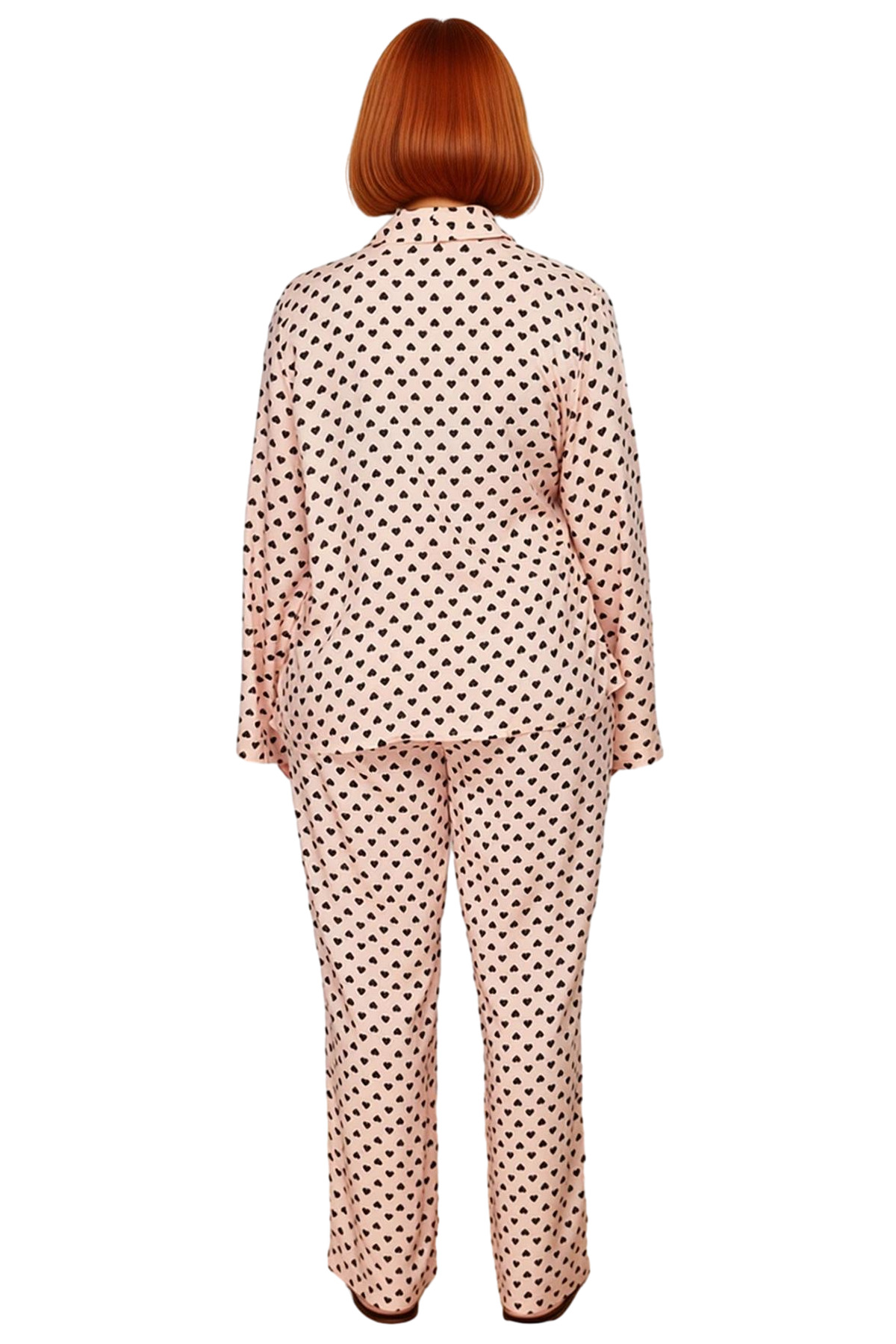 Kadın Kalp Desenli V Yaka Uzun Kollu Pijama Takımı Fonksiyonel Dayanıklı Kaliteli Konforlu