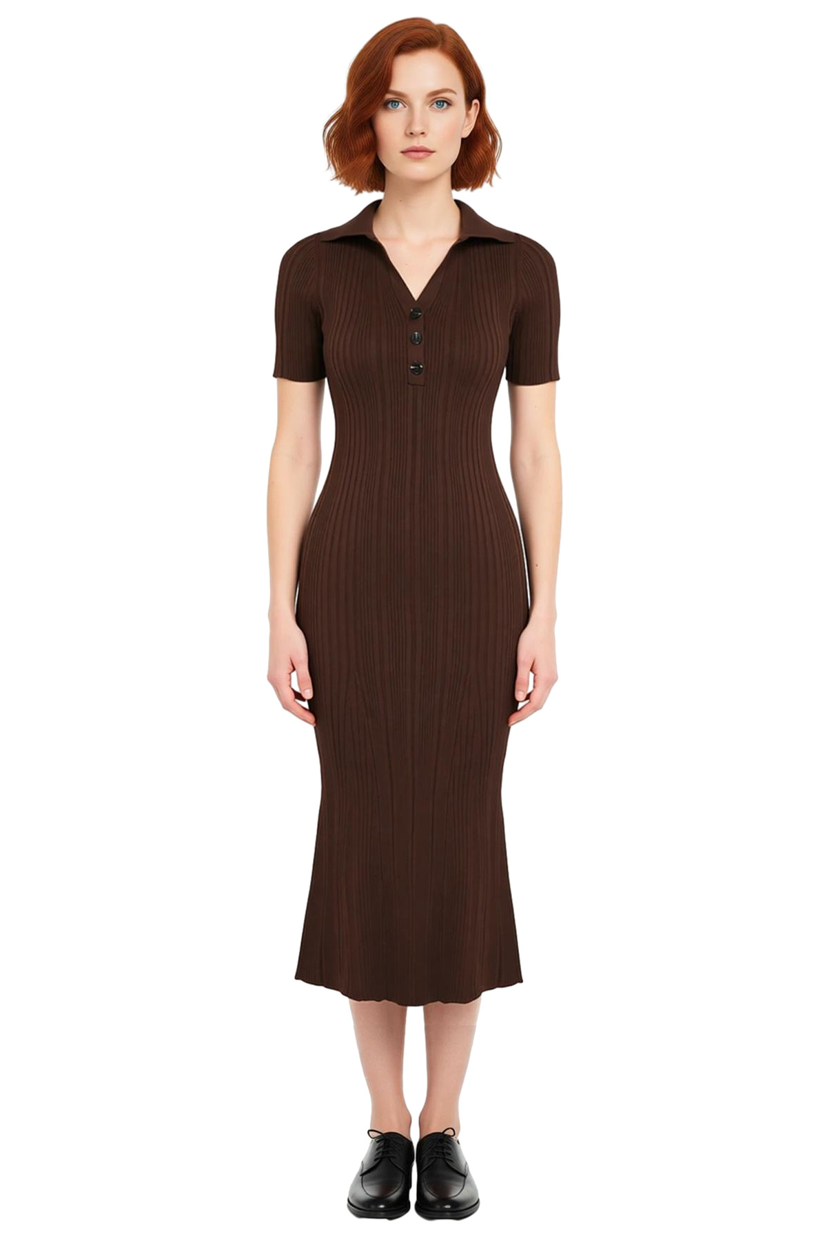 Kadın Kahverengi Bodycon Maxi Polo Yaka Standart Kısa Kollu Triko Elbise Günlük Şık Rahat İlkbahar