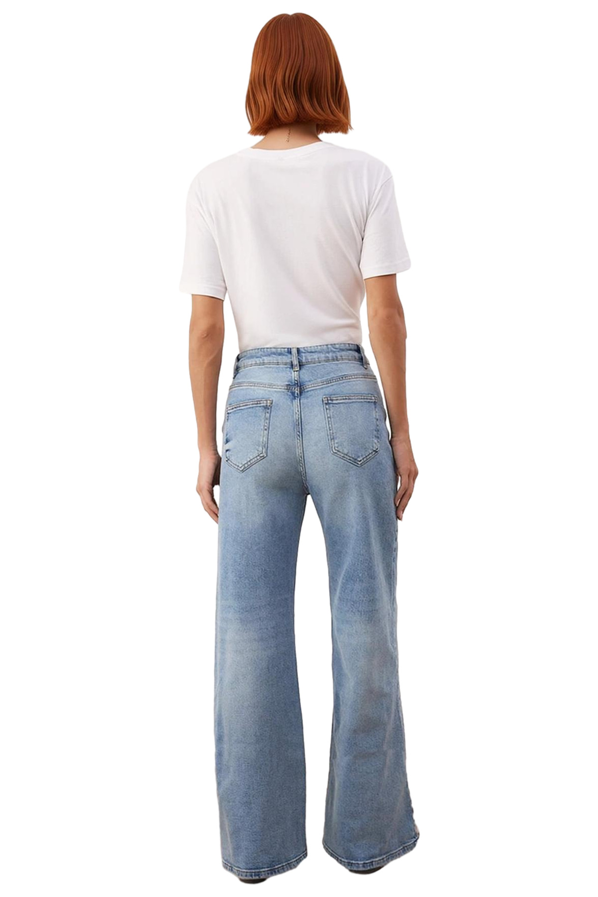 Kadın Yüksek Bel Geniş Paça Denim Pantolon Fonksiyonel Dayanıklı Kaliteli Konforlu Estetik