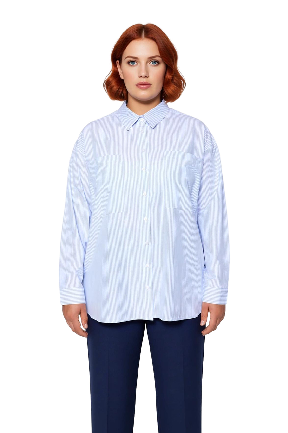 Kadın Oversize Kesim Çizgili Dokuma Gömlek Uzun Kollu ve Modern Bir Görünüm Sunar Kaliteli