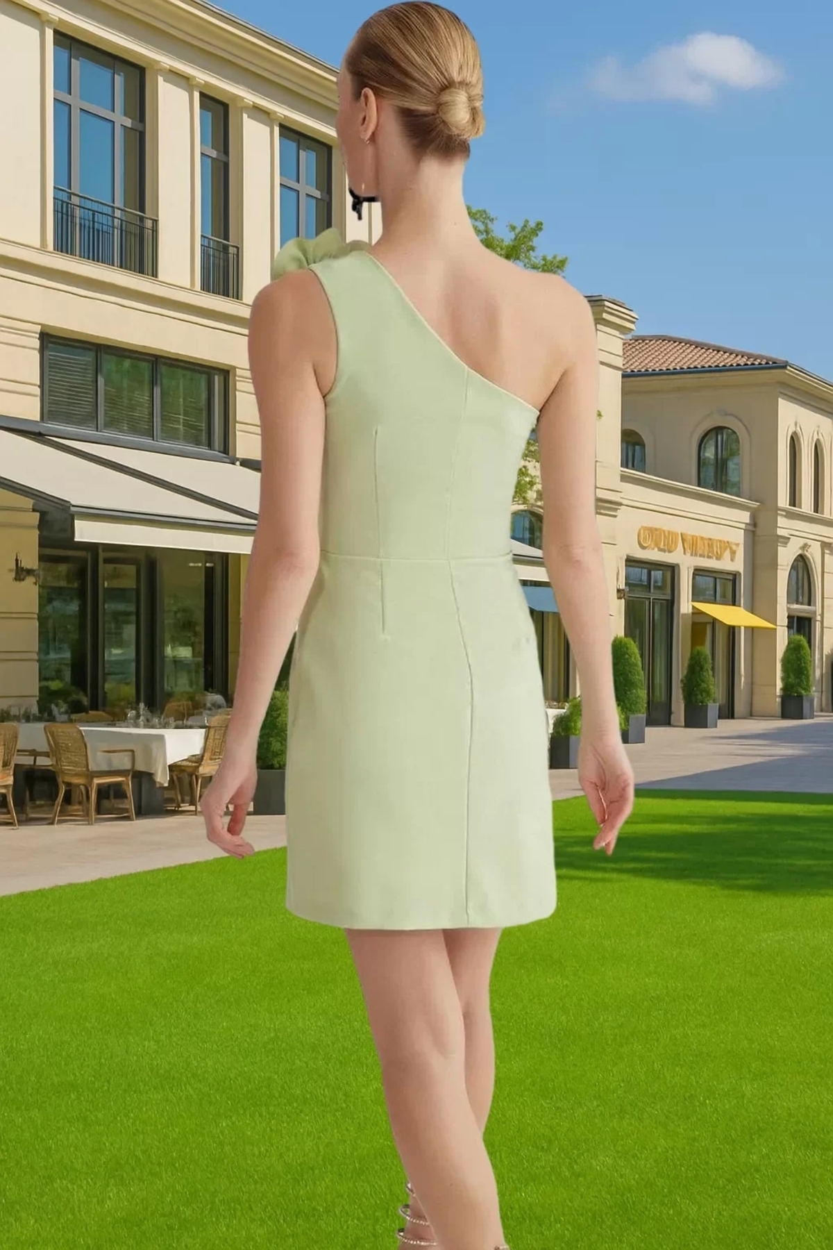 Kadın A Kesim Mini Abiye Elbise Tek Omuzlu Gül Detaylı Yazlık Günlük Kullanım Modern Tasarım
