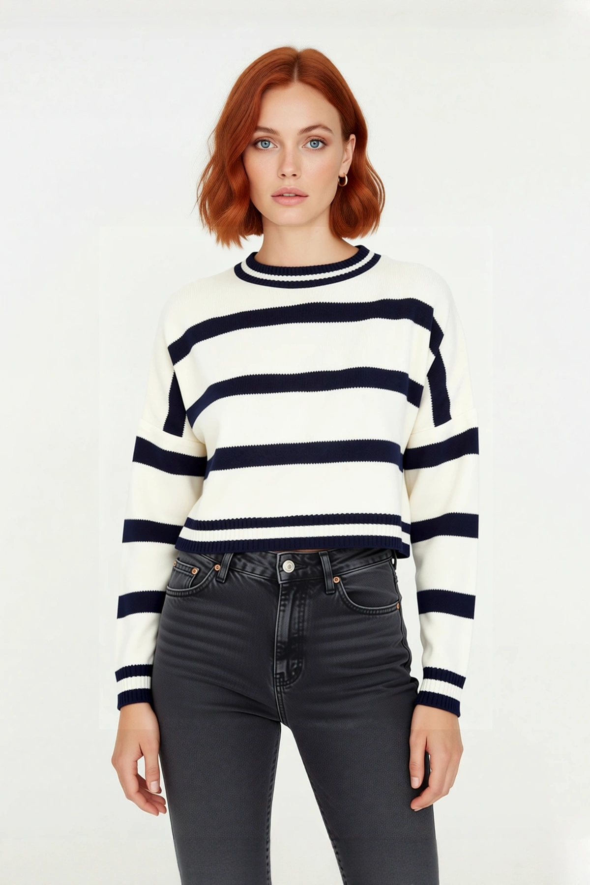 Kadın Oversize Bisiklet Yaka Çizgili Triko Crop Kazak İlkbahar Sonbahar Günlük Şıklık Kaliteli
