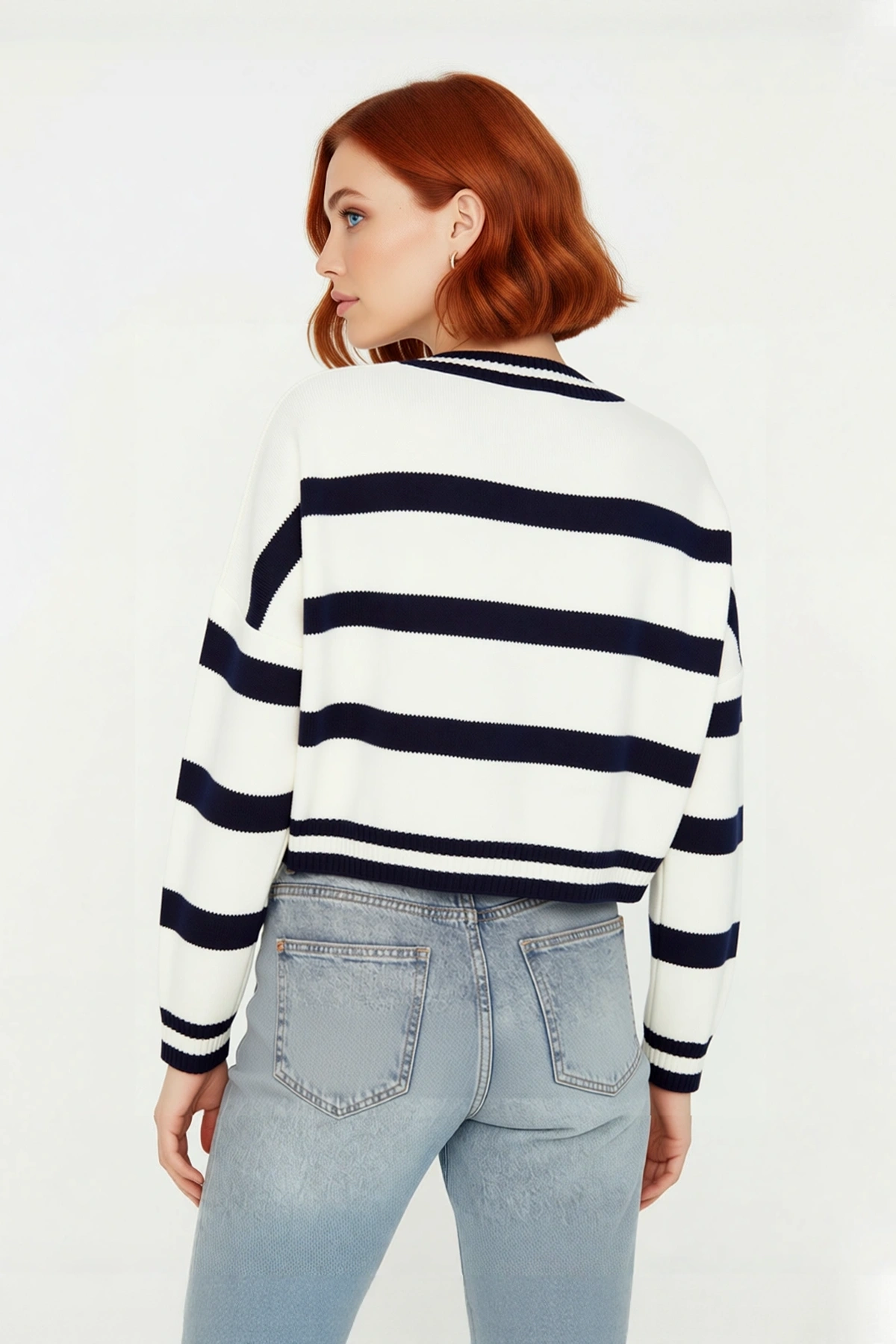 Kadın Oversize Bisiklet Yaka Çizgili Triko Crop Kazak İlkbahar Sonbahar Günlük Şıklık Kaliteli