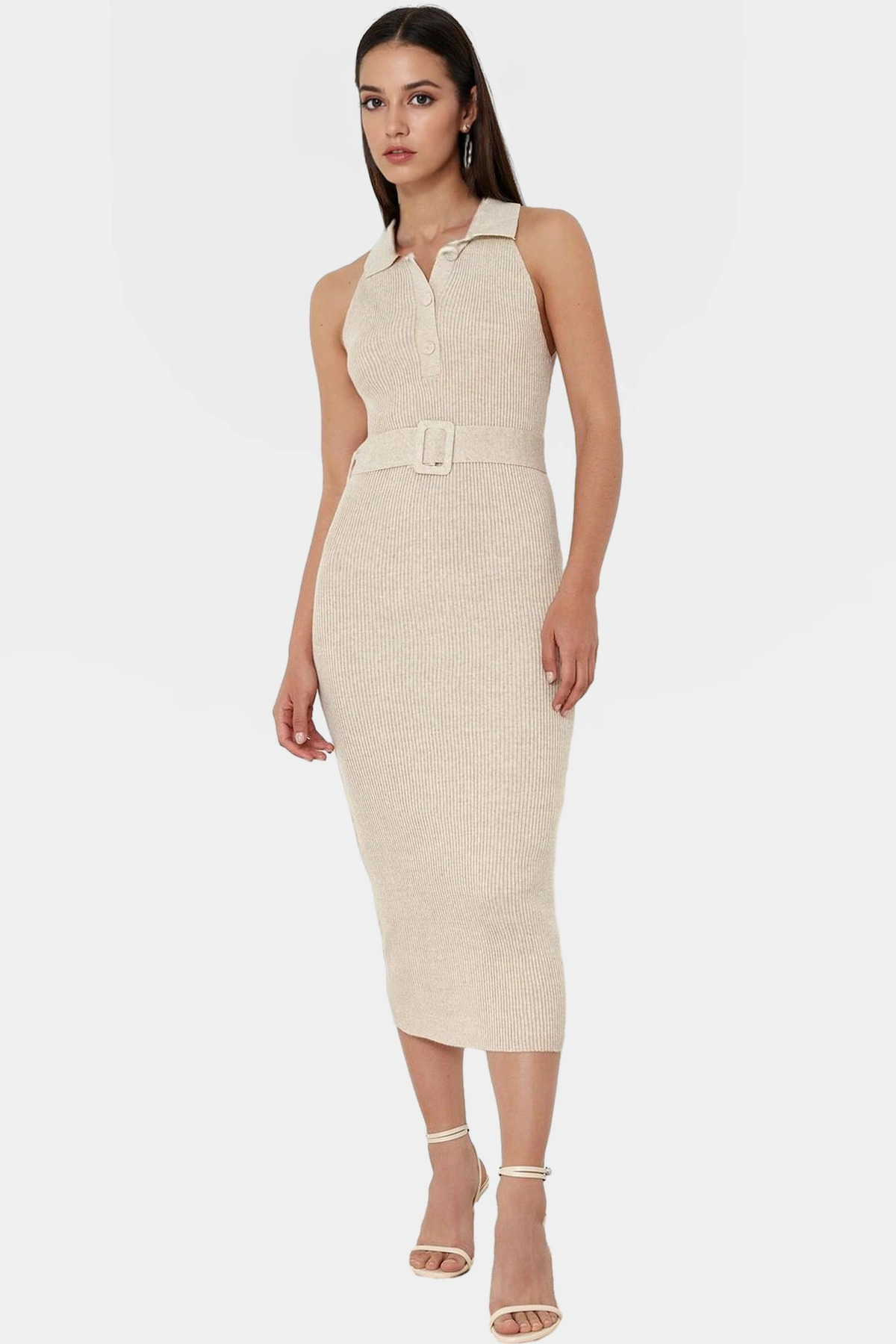 Kadın Triko Midi Elbise Kemerli Bodycon Slim Kalıp Günlük Kullanım Yaz Aylarının Vazgeçilmezi