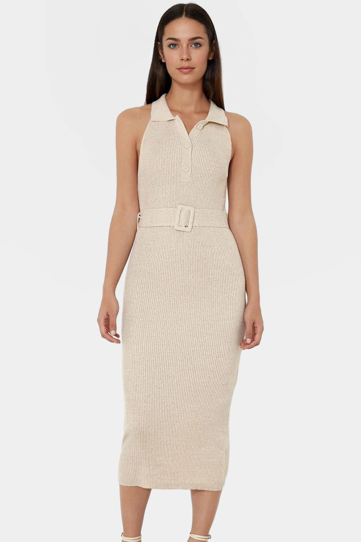 Kadın Triko Midi Elbise Kemerli Bodycon Slim Kalıp Günlük Kullanım Yaz Aylarının Vazgeçilmezi