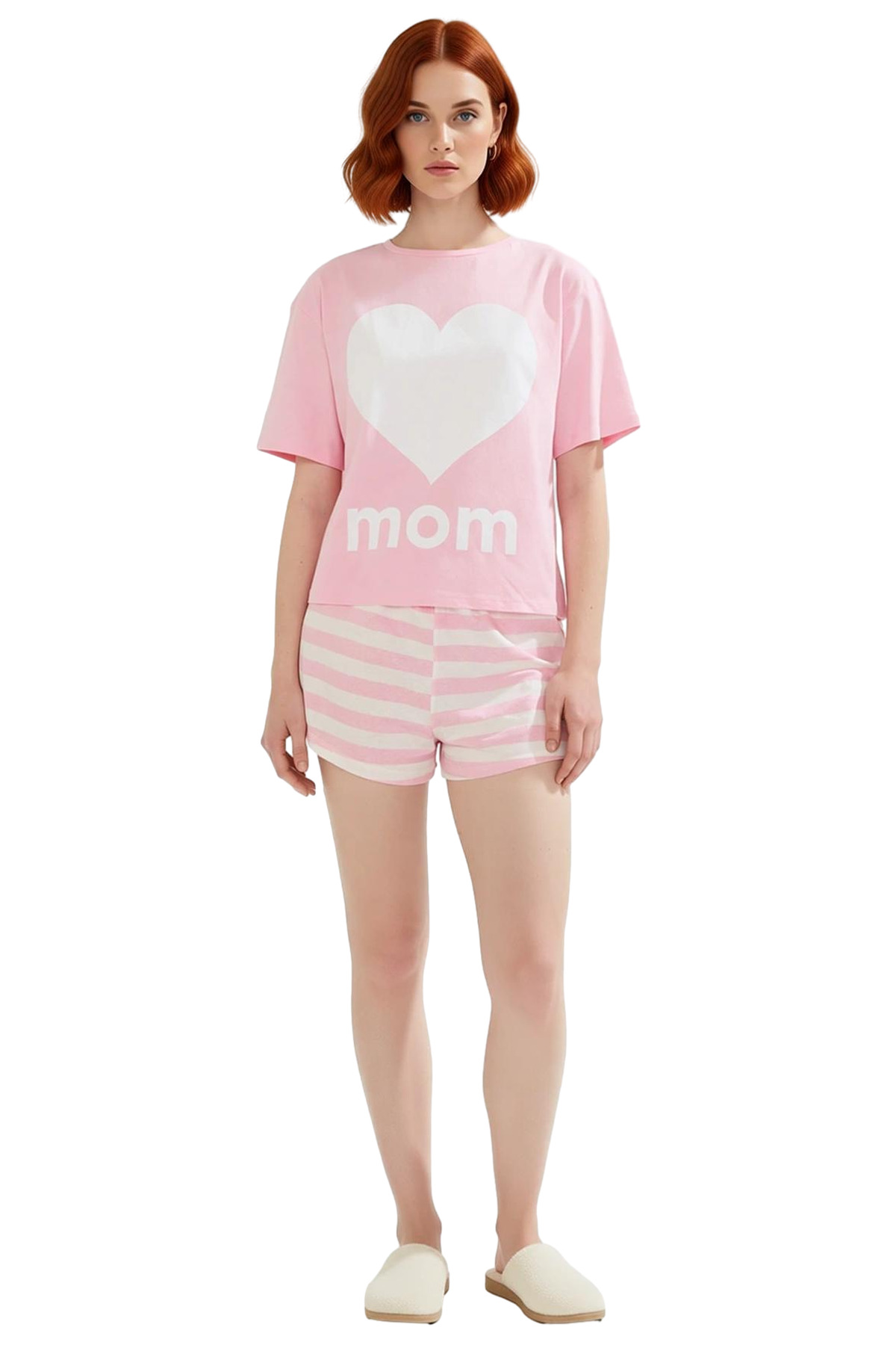 Kadın Pamuklu Çizgili Kalpli Pijama Takımı Rahat Homewear Tasarımı Uzun Ömürlü Özel Tasarım