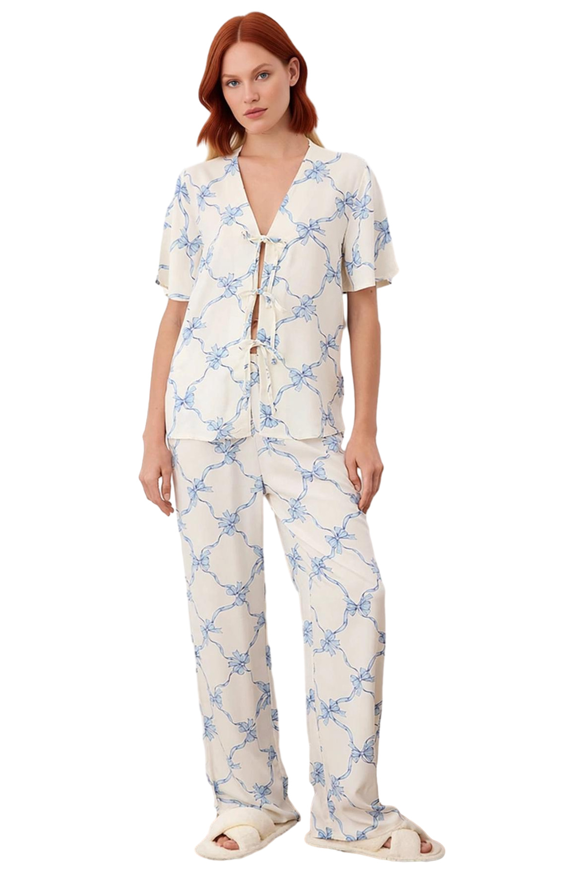 Kadın Viskon Dokuma Pijama Takımı Kurdele Baskı Fonksiyonel Dayanıklı Kaliteli Konforlu Şık