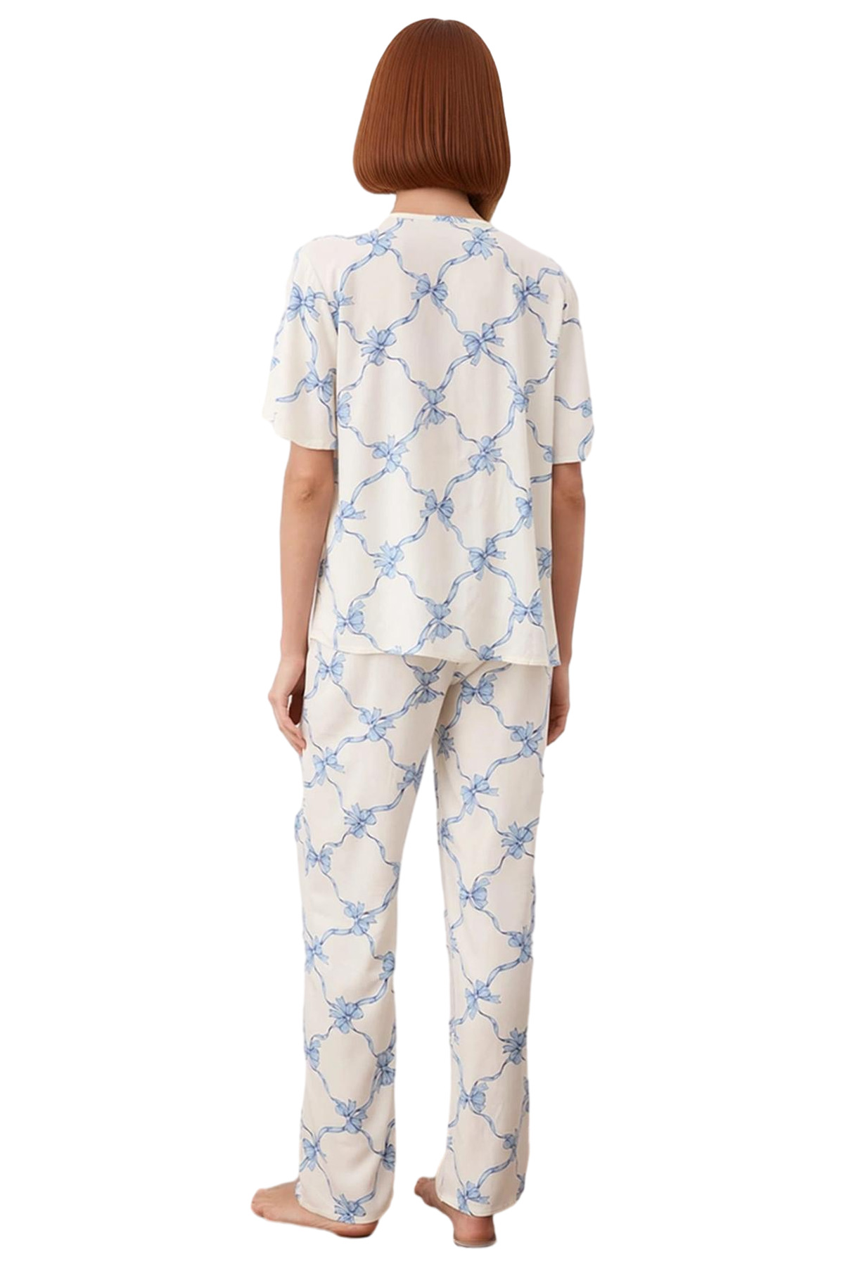 Kadın Viskon Dokuma Pijama Takımı Kurdele Baskı Fonksiyonel Dayanıklı Kaliteli Konforlu Şık