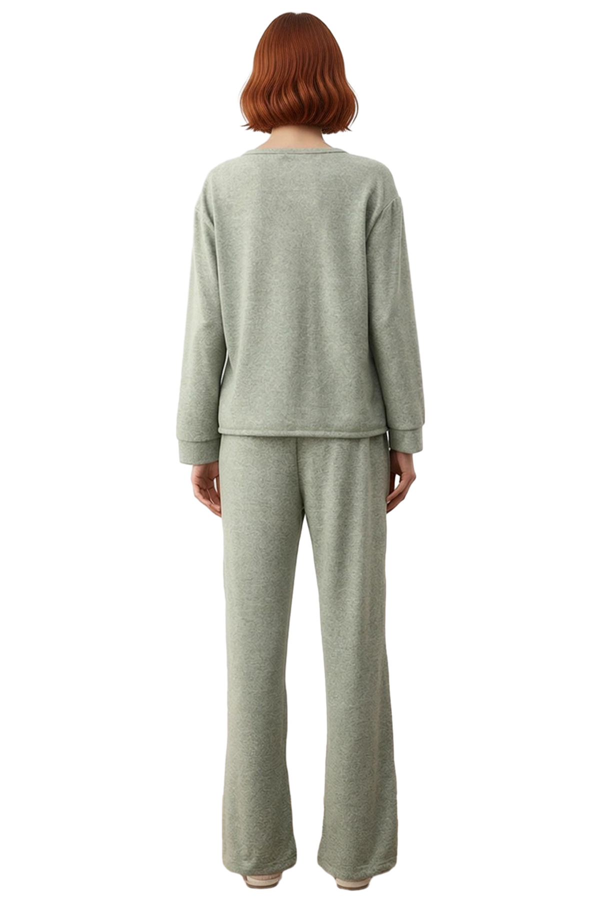 Kadın Yumuşak Tuşe Örme Pijama Takımı Bisiklet Yaka Uzun Kollu Fonksiyonel Dayanıklı Rahat