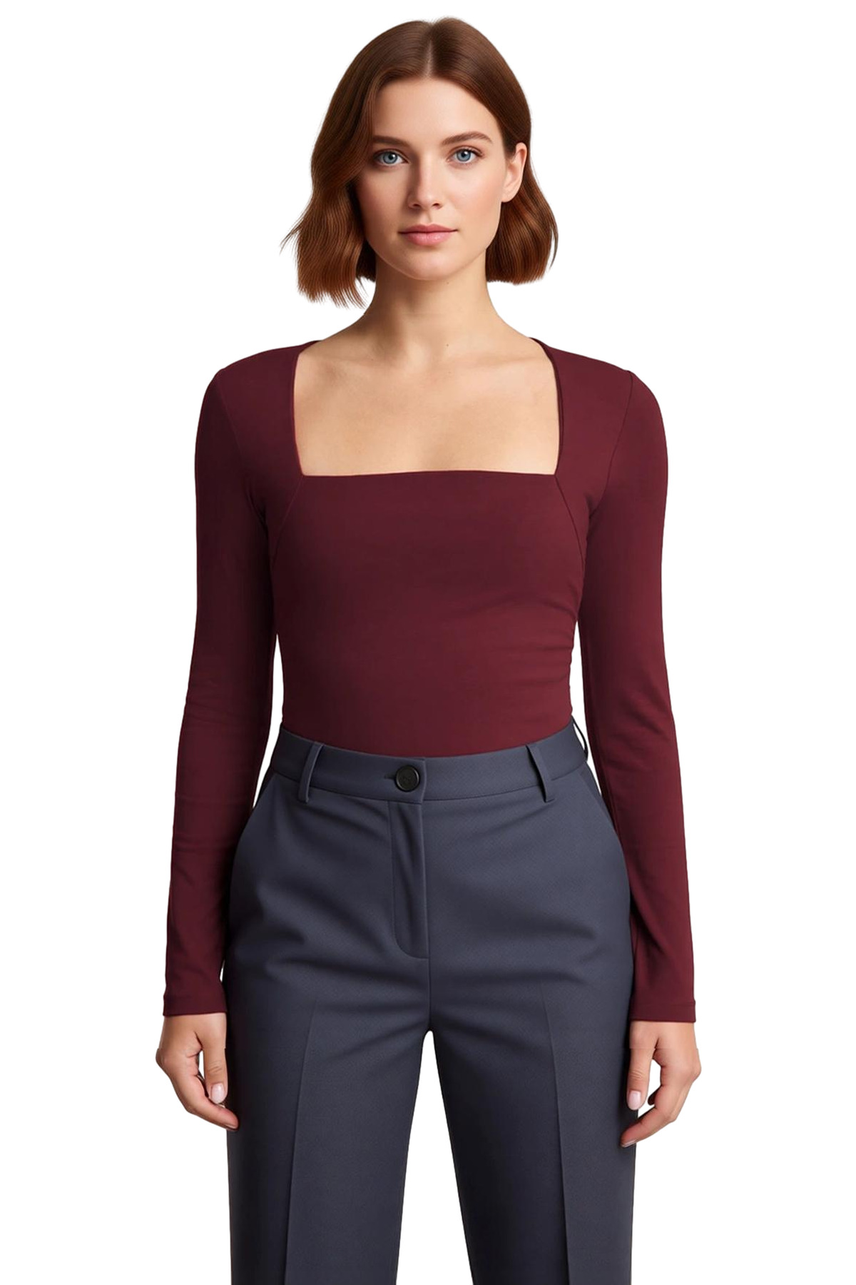 Kadın Bordo Kare Yaka Fitted Uzun Kollu Bluz Likralı Penye Süprem Dokuma Kışlık Casual Giyim İçin