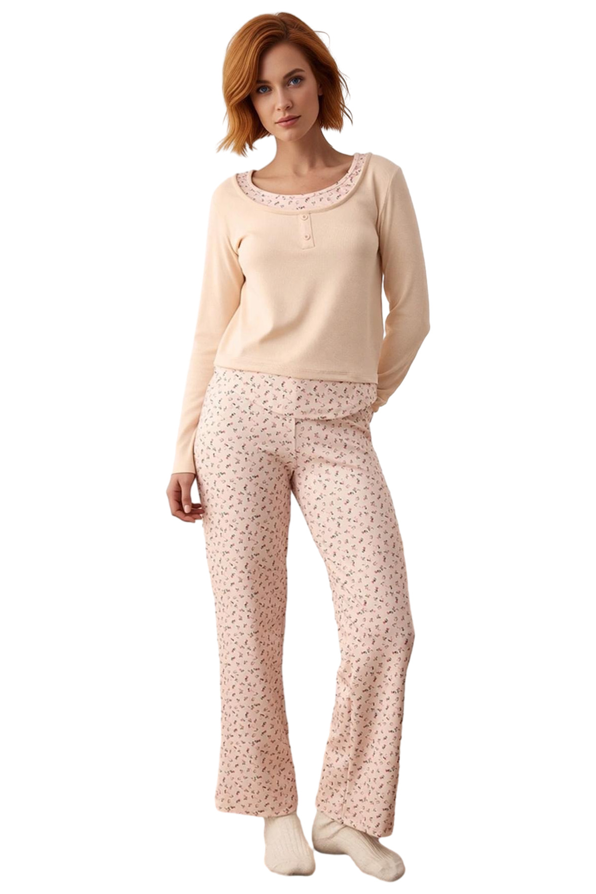 Kadın Çiçekli Yarım Patlı Fitilli Pijama Takımı Fonksiyonel Dayanıklı Kaliteli Konforlu Şık