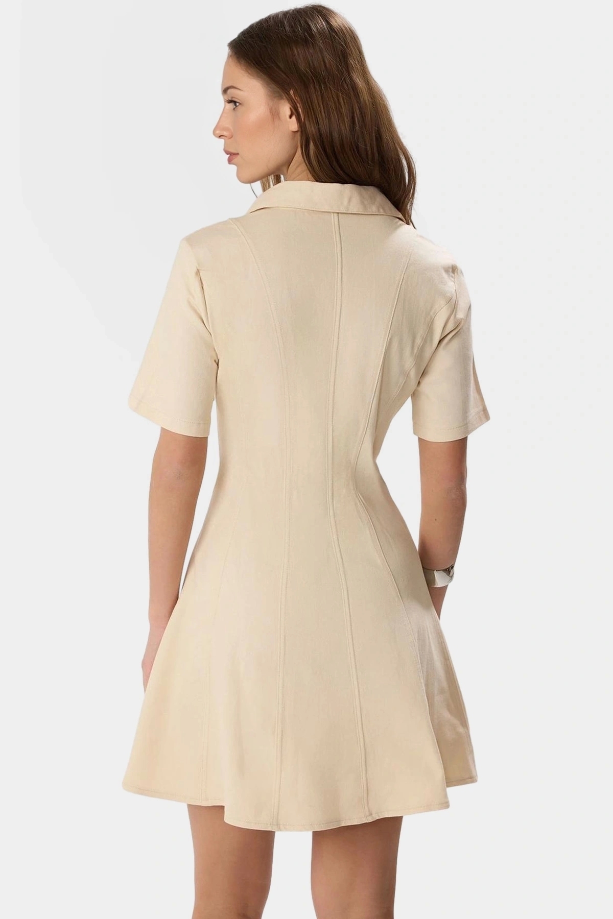 Kadın Mini Gabardin Elbise Belden Açılan Dikiş Detayı Günlük Stil Yaz Aylarının Vazgeçilmezi