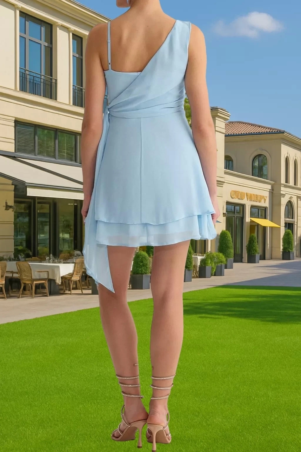 Kadın Şifon Mini Elbise Asimetrik Yaka Skater Kalıp Yazlık Özel Tasarım Yaz Aylarının Vazgeçilmezi