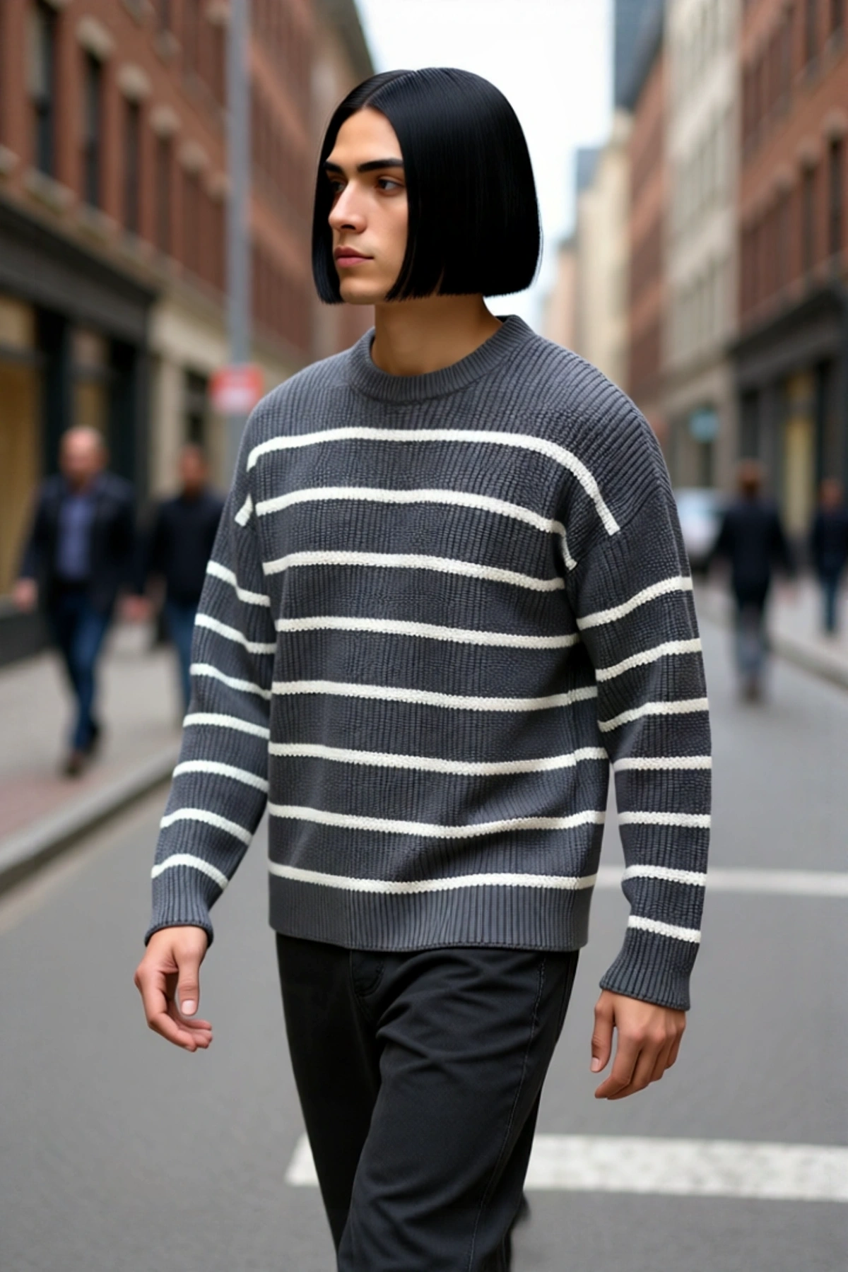 Erkek Oversize Bisiklet Yaka Çizgili Selanik Dokuma Kalın Akrilik Kışlık Kazak Konforlu Stil