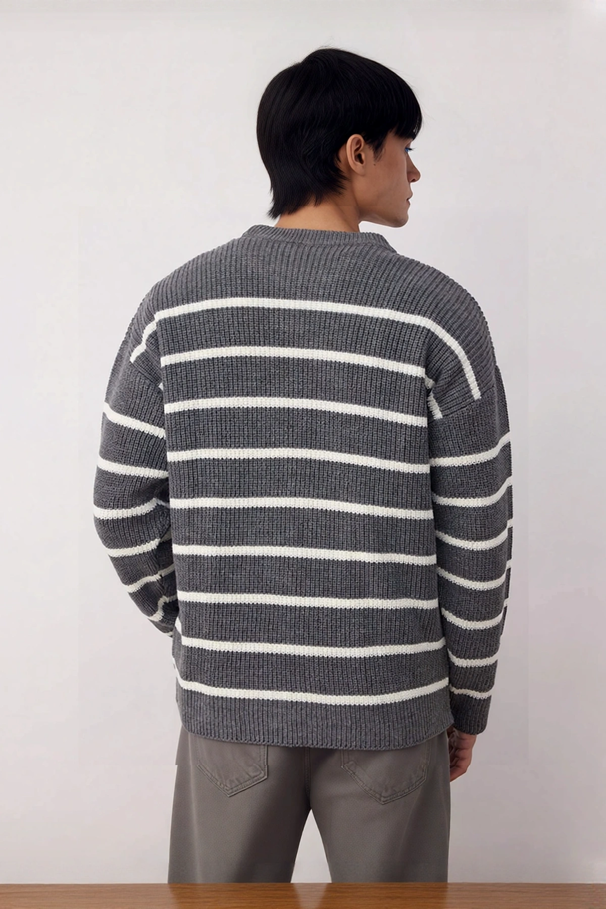 Erkek Oversize Bisiklet Yaka Çizgili Selanik Dokuma Kalın Akrilik Kışlık Kazak Konforlu Stil