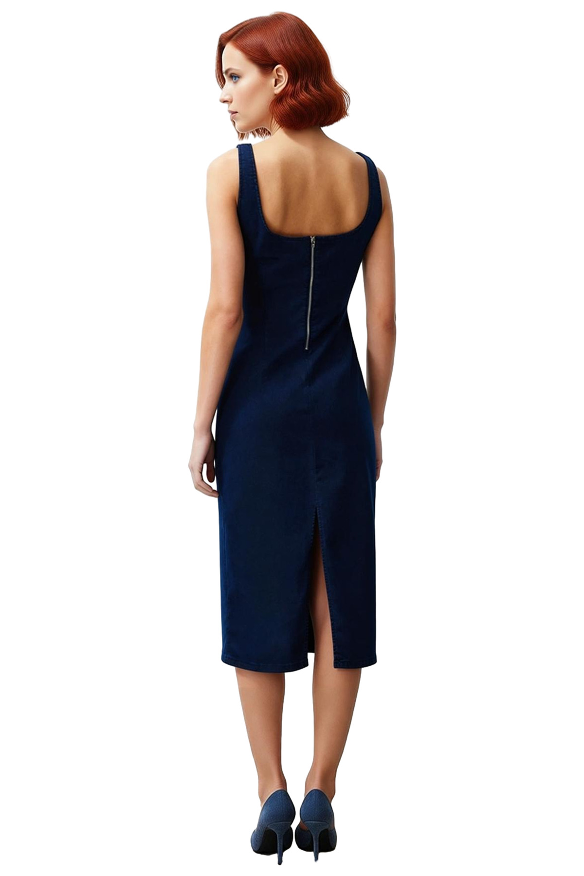 Kadın Mavi Denim Midi Elbise Kare Yaka Kolsuz Bodycon Kalıp Trend Günlük Şıklık İçin İdeal