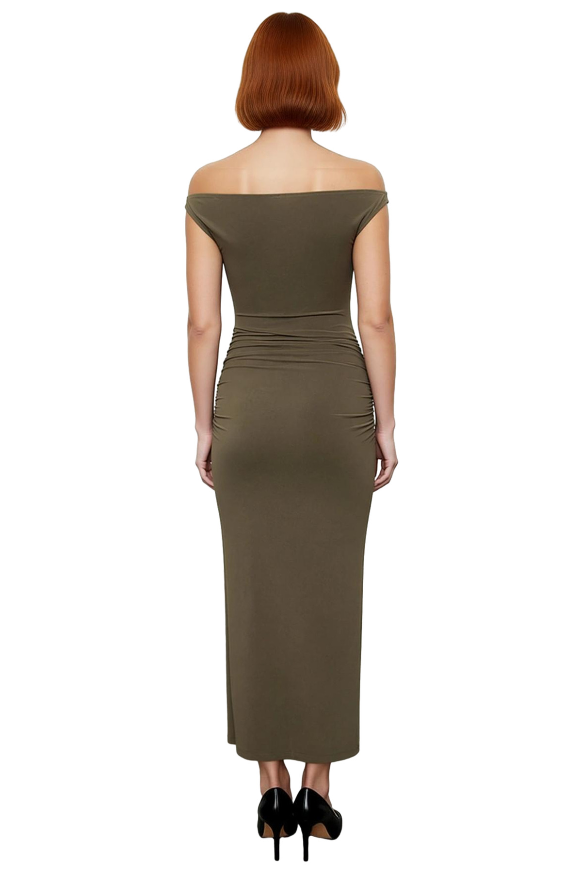 Kadın Haki Carmen Yaka Bodycon Maxi Elbise Özel Davetler İçin Şık Ve Modern Tasarım Fashion Forward