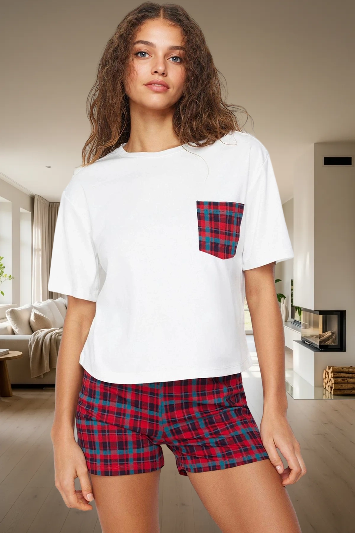 Kadın Kısa Kollu Pamuklu Ekose Pijama Takımı Rahat Ev Giyim Yazlık Kaliteli İşçilik Trend Tasarım