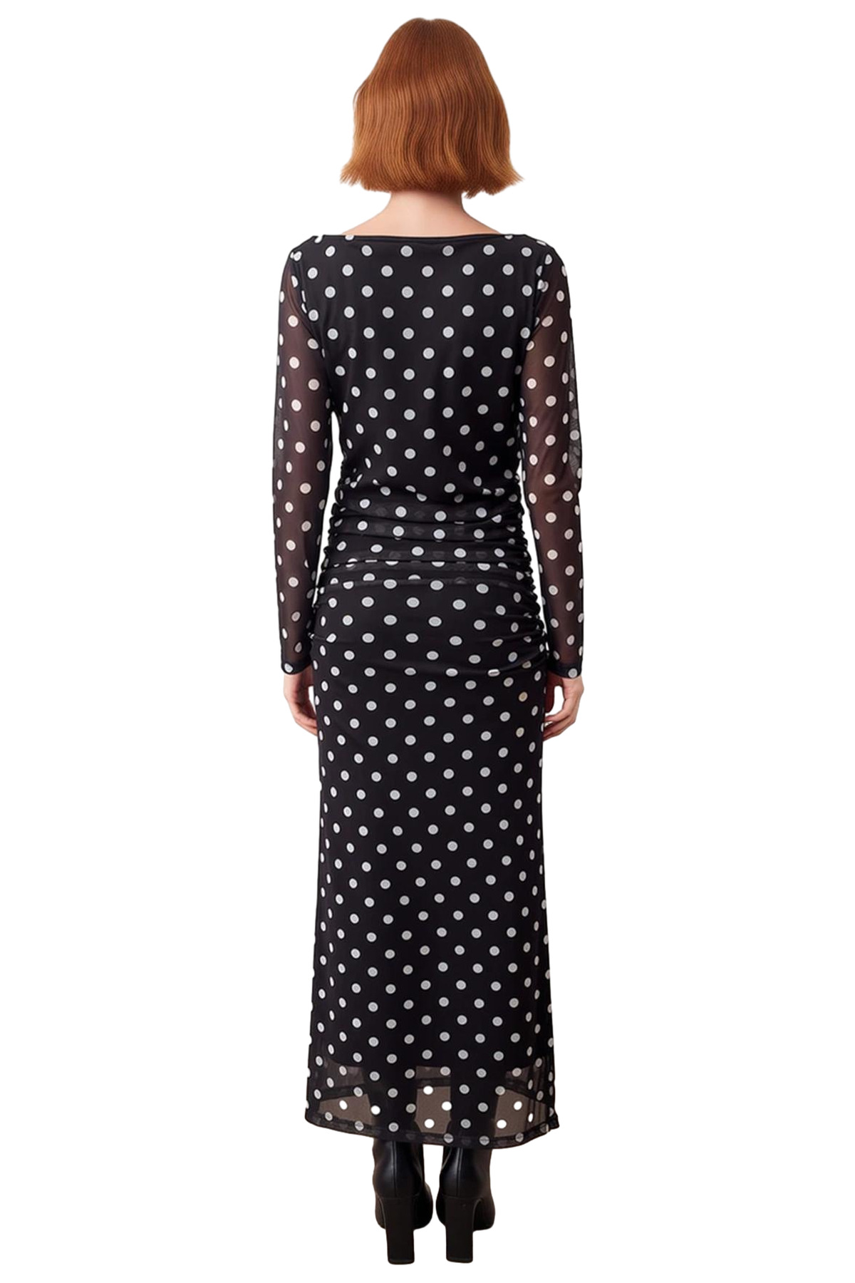 Kadın Puantiyeli Tül Örme Maxi Elbise Bodycon Kesimi V Yaka Uzun Kollu Şık Gece Ve Gündüz Stili