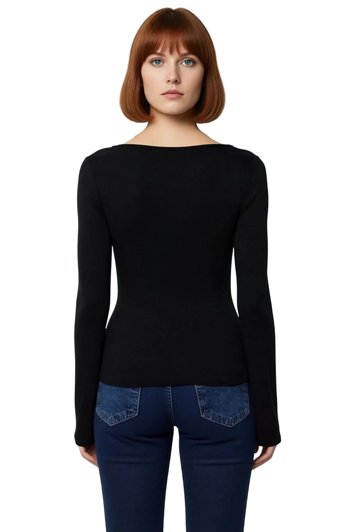 Kadın Dikiş Detaylı Havuz Yaka Uzun Kollu Esnek Örme Bluz Cool & Comfort Siluet Günlük