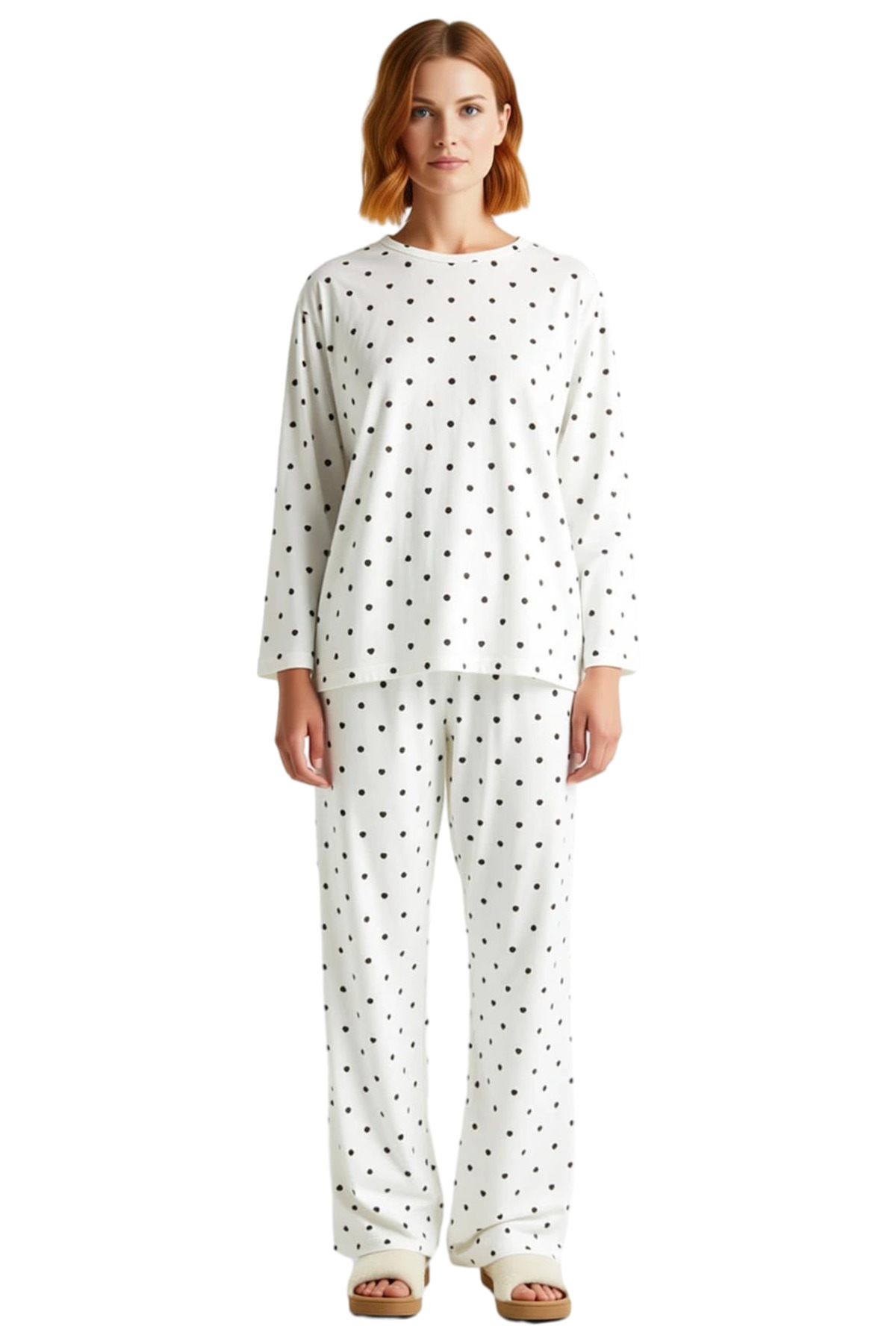 Kadın Kalp ve Puantiye Desenli Pamuklu Pijama Takımı Fonksiyonel Dayanıklı Kaliteli Modern
