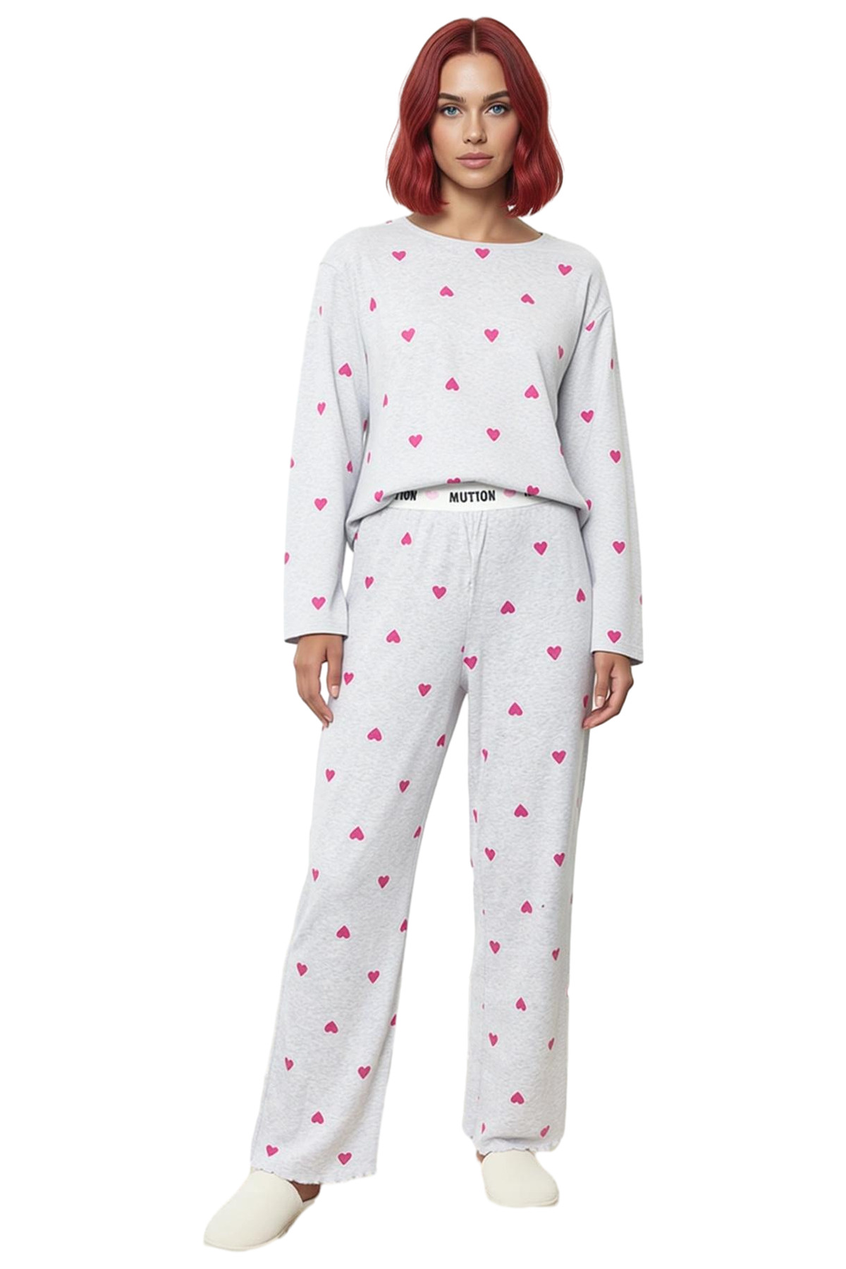 Kadin Melanj Kalp Desenli Pijama Takımı Fonksiyonel Dayanıklı Kaliteli Konforlu Estetik Şık